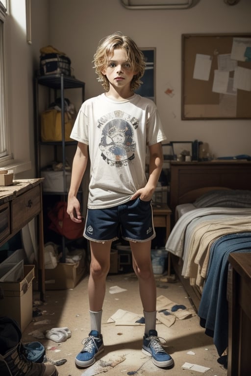 Preteen boy, messy blond hair style, wearing a t-shirt and  80s style shorts, sneakers, arrogant expression on his face, sassy, cheeky,standing in a defiant pose in his messy bedroom. The artwork captures the essence of the entitled and defiant attitude of this character. Inspired by the works of Norman Rockwell