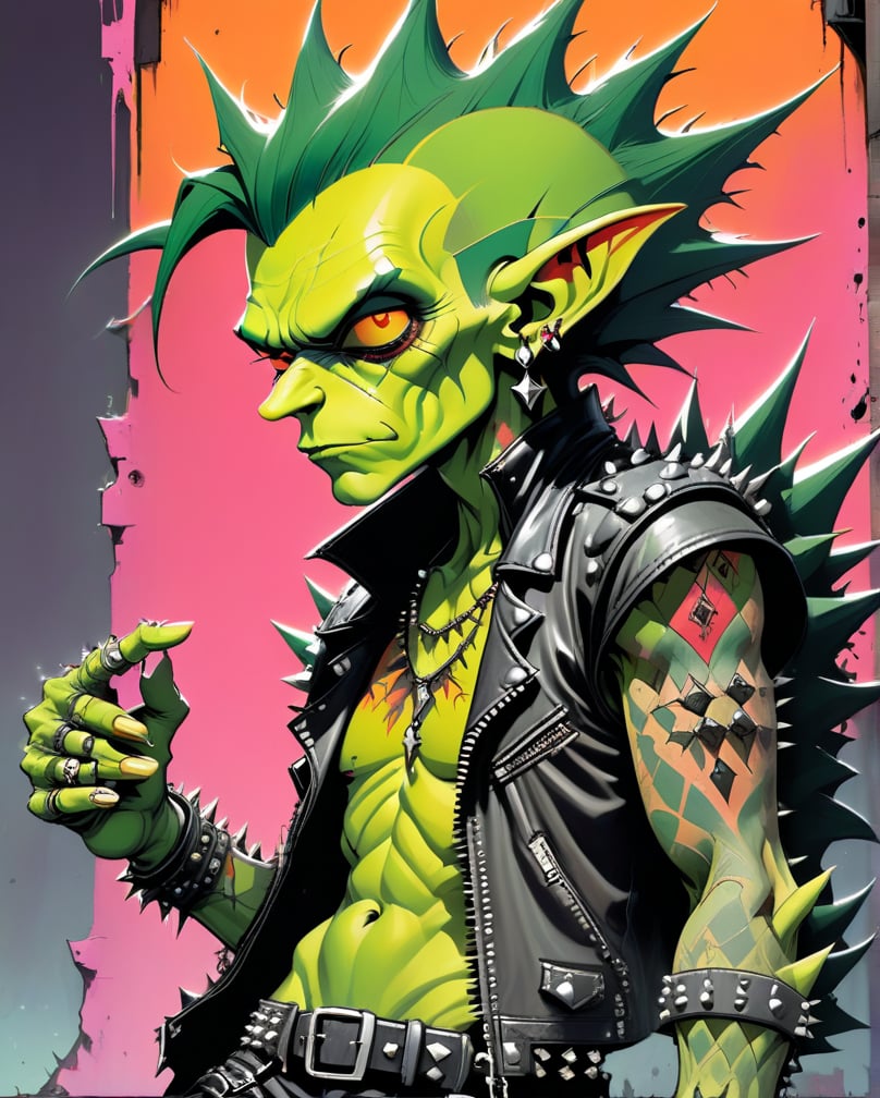 A rebellious goblin clad in edgy punk rock clothing, showcasing intricate details in spiked studs and tattered leather. The character is depicted in a poster design created in the vibrant and imaginative art style of Moebius. The image radiates with raw energy, from the goblin's wild, colorful hair to the intricate tattoos covering their arms. Each element is brought to life with precision and skill, immersing the viewer in a world of rebellious creativity and attitude. This high-quality artwork captures the essence of punk rock in a visually striking and engaging way.