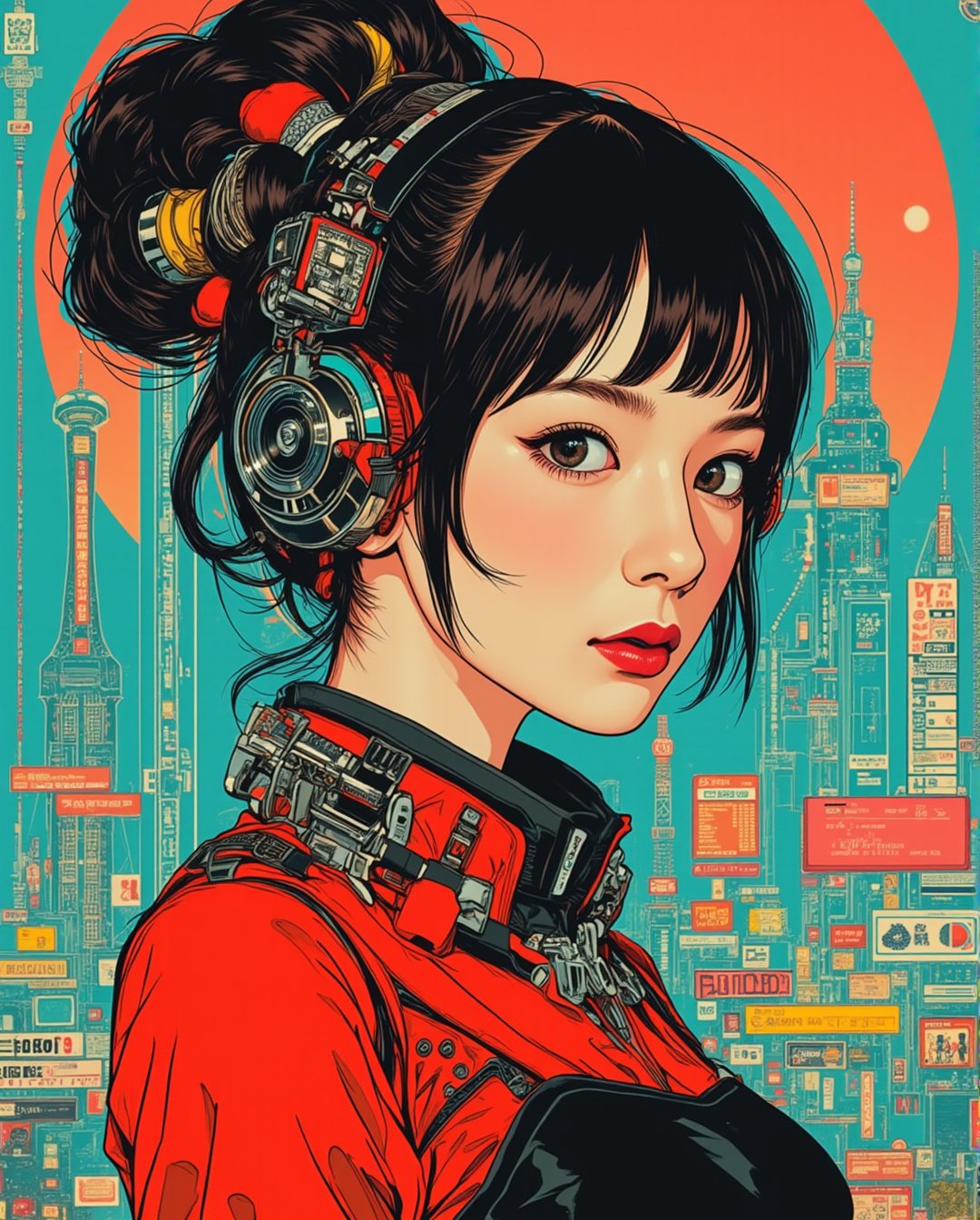 A captivating retro-futuristic poster featuring a bold and stylish retropunk girl, brilliantly designed by the talented trio of Rebecca Sugar, Charles Burns, and Dan McPharlin. The girl dons a vibrant red and sky black outfit, wide outfit, adorned with intricate patterns and futuristic gadgets. Her hair bun is a stunning mix of colors, blending seamlessly with the background of a futuristic cityscape. The overall atmosphere of the poster is a blend of nostalgia and innovation, with a touch of vintage charm.