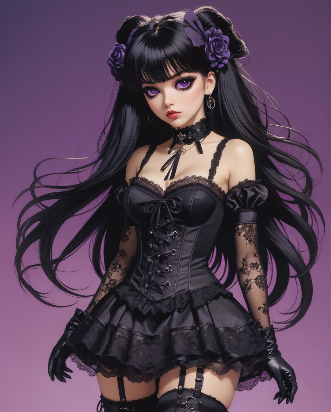 Gothic Lolita Rebel
An anime girl with long, straight black hair, wearing a black lace dress with a corset, thigh-high stockings, and combat boots. She has a spiked choker around her neck and dark eye makeup, striking a fierce pose with one hand on her hip and the other adjusting her lace gloves. The background is a dark purple gradient., 1990s (style), in the style of nicola samori, detailed 8k horror artwork,  , Barye Phillips, Robert McGinnis, Harry Schaare, Griffith Foxely