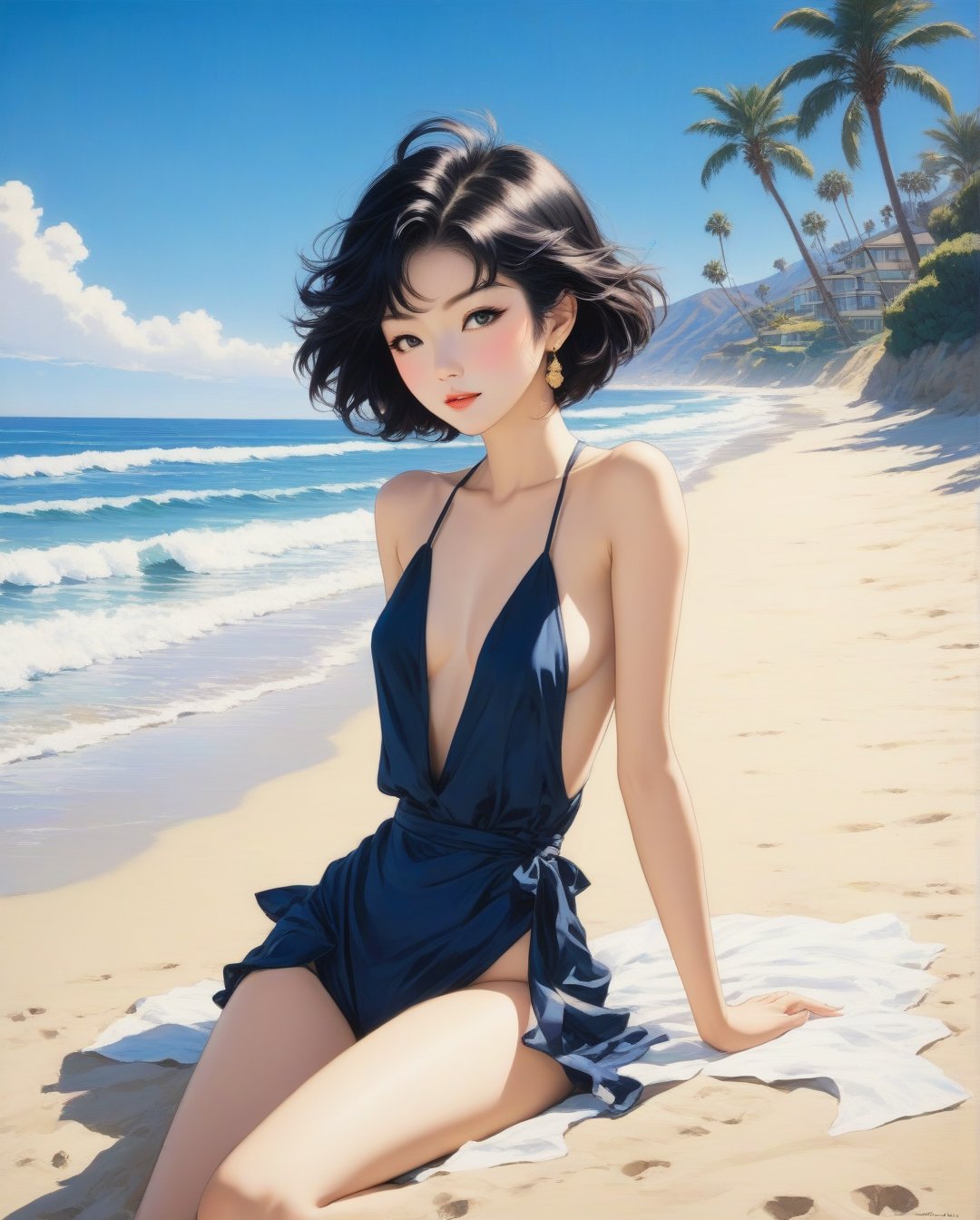 (style of Suehiro Maruo, Shōjo Tsubaki:1.3), A stunning woman with sun-kissed skin lounges on the sandy shores of Malibu, palm trees and ocean waves, dark pixie hair
negative prompts
