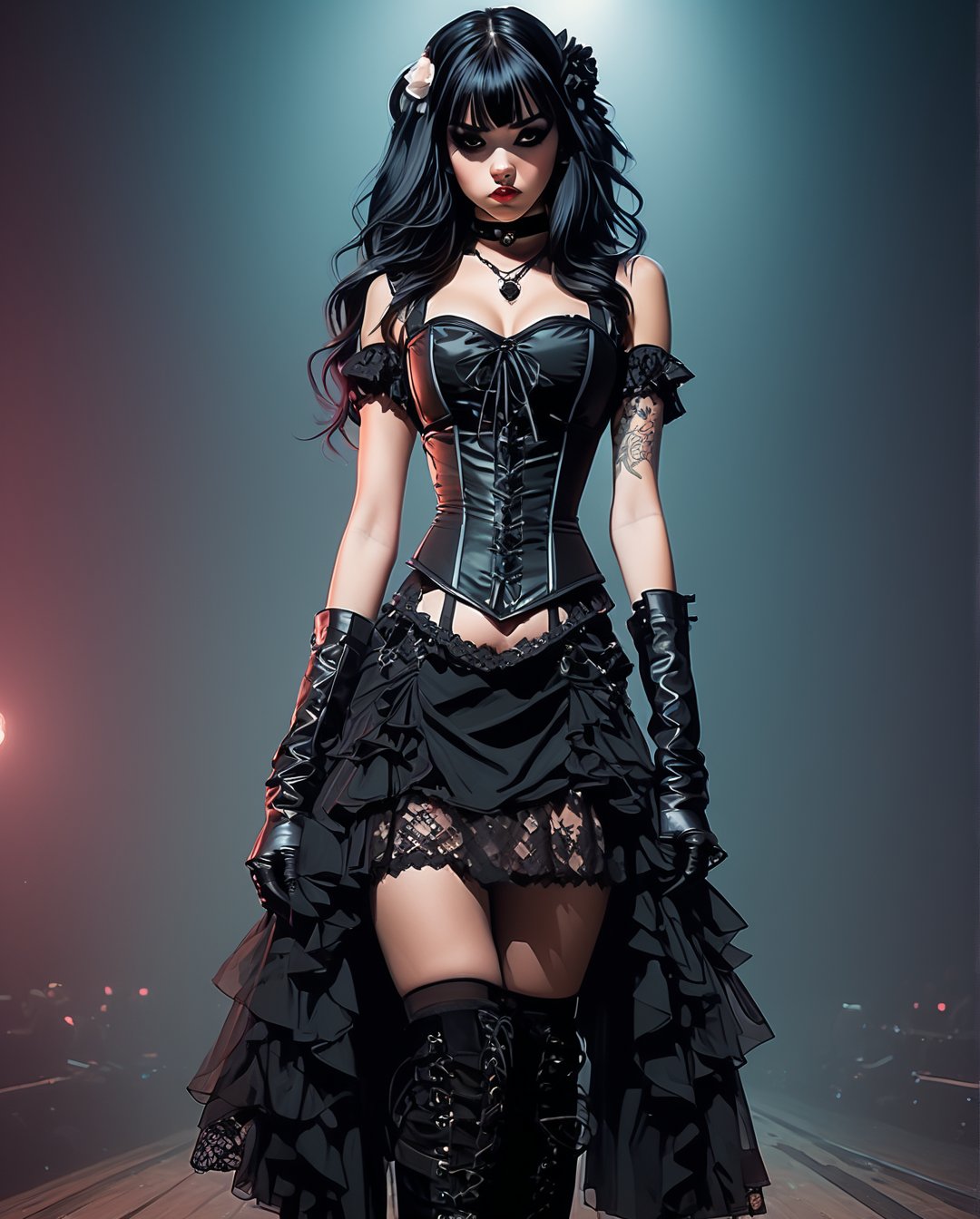 (by Loish, Leyendecker, james gilleard),  Gothic Lolita Rebel
An anime girl with long, straight black hair, wearing a black lace dress with a corset, thigh-high stockings, and combat boots. She has a spiked choker around her neck and dark eye makeup, striking a fierce pose with one hand on her hip and the other adjusting her lace gloves. The background is a dark purple gradient.