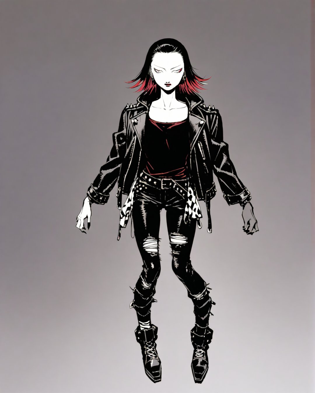 amano yoshitaka,Female with tan-colored skin, mid-length black hair with red tips, dressed in black ripped jeans with a black t-shirt and a black leather jacket with chrome studs', and black boots