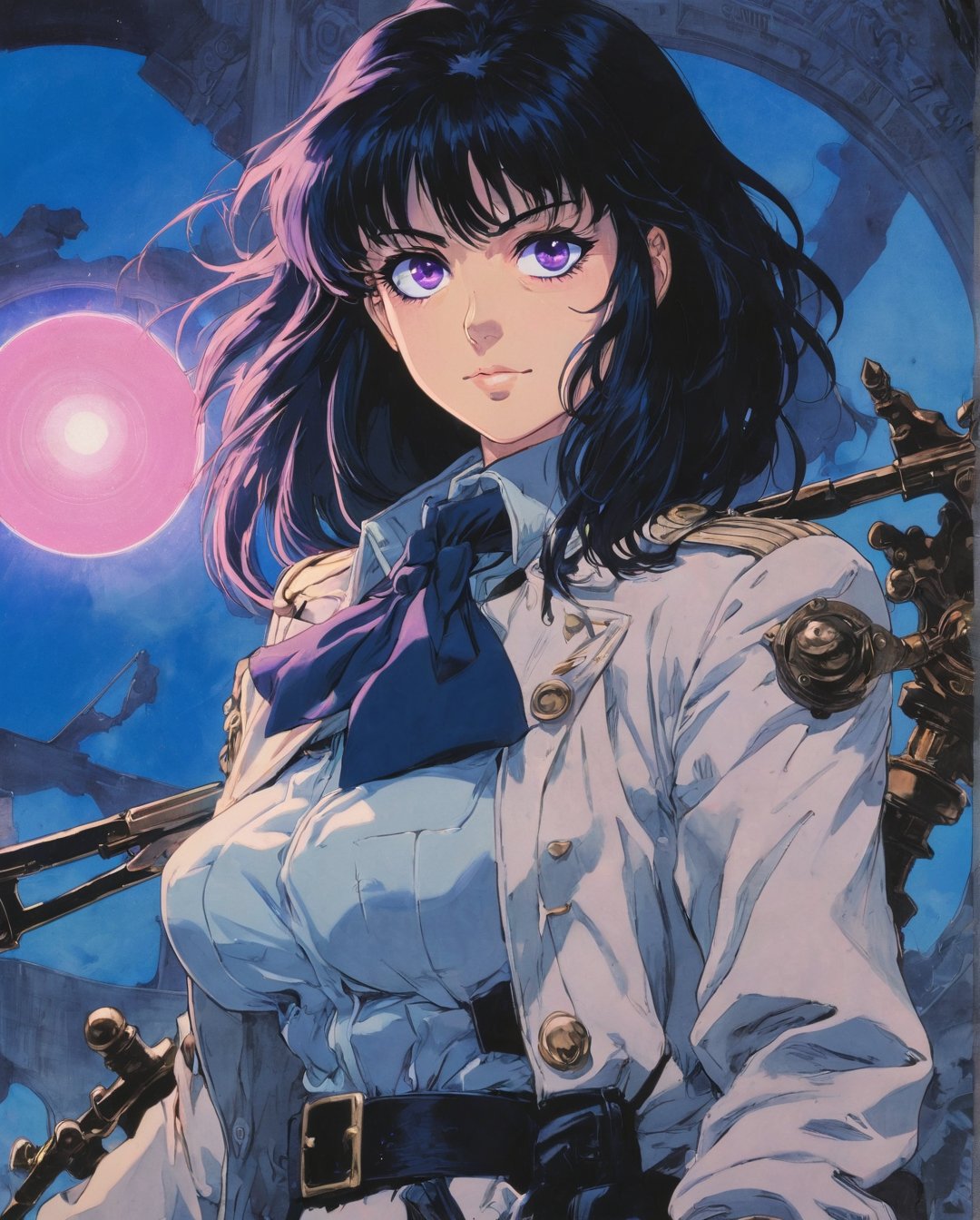 score_9, source_anime, (80s Posters) BOOK OF THE SIMON BISLEY & Frank Frazetta collaboration, art station, BANDE DESSINÉE story transcription, full color, a woman with black hair and pink eyes standing in front of a blue light, violet evergarden, anime visual of a young woman, portrait of a female villain hero, female protagonist 👀 :8, official art, key anime art, key anime visuals, a-1 pictures, female anime character, today's featured anime still, anime visual of a cute girl, key visual