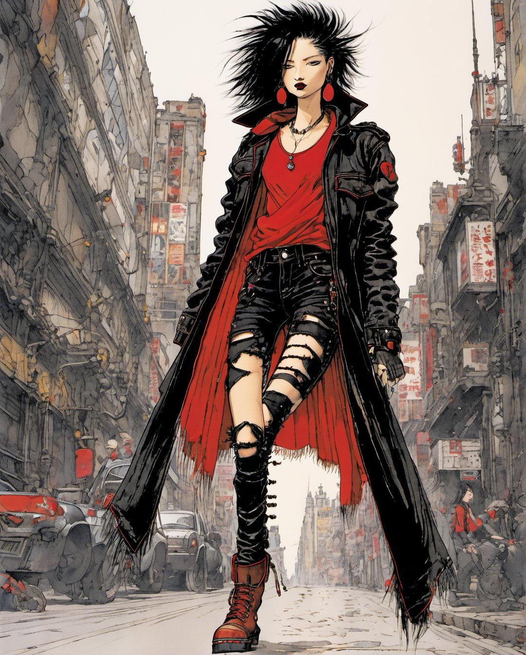 Art style by amano yoshitaka, Female with tan-colored skin, mid-length black hair with red tips, dressed in black ripped jeans with a black t-shirt and a black leather jacket with chrome studs', and black boots.,Anime