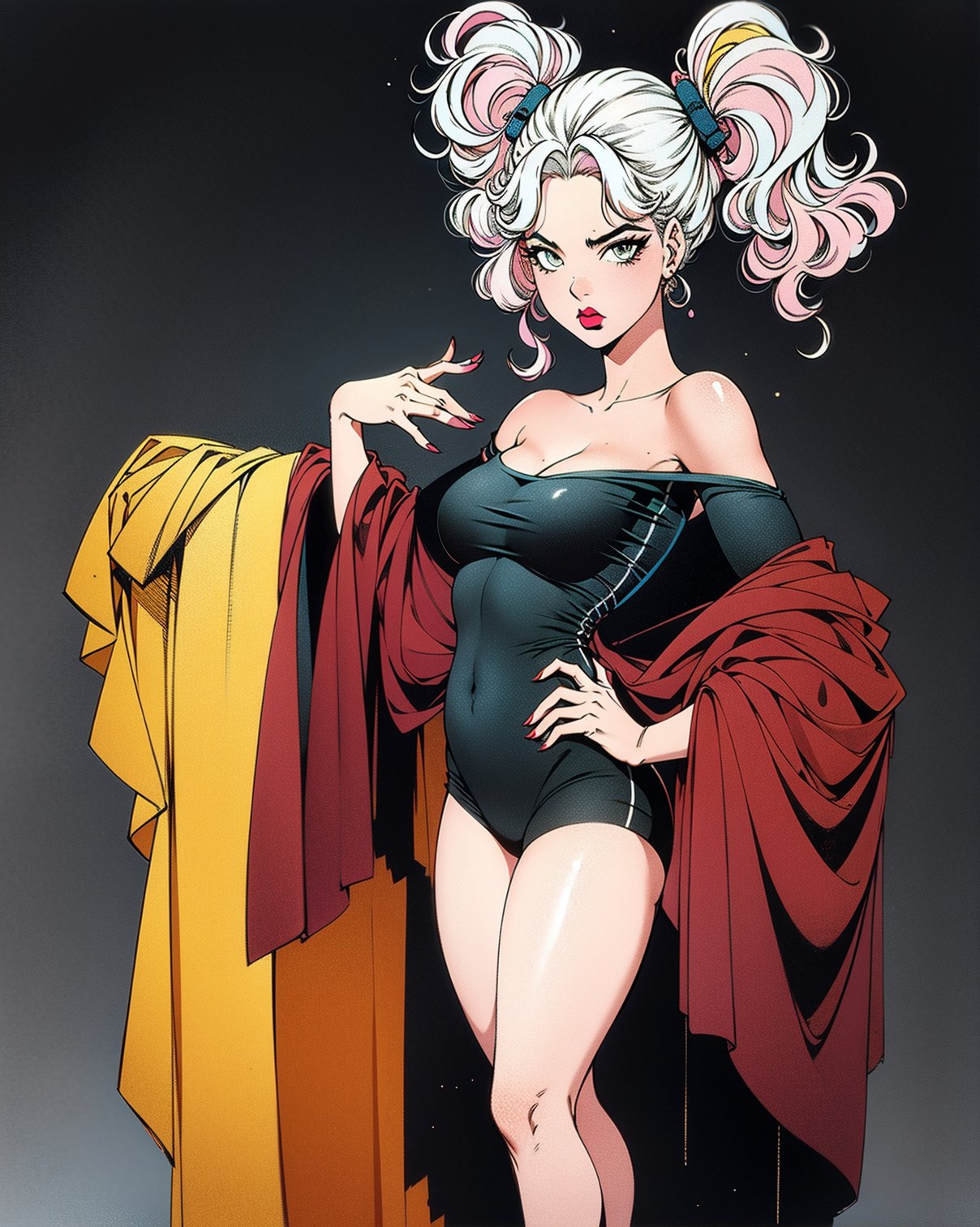 vintage sticker of a full body portrait of a woman in the Japanese retro anime style of the 80s and 90s. The scene features a top model with wild hair, exuding confidence and allure. She stands in a dynamic pose that highlights her form and curves, set against a soft pink and yellow palette. The lighting reflections and shadows add depth and intensity to the scene. Her gaze is evocative and intense, aware of her own beauty and playing it up for the photoshoot. She is dressed in stylish, minimalist clothing that accentuates her form, with bold lipstick and eyeliner highlighting her sharp facial features. The background is minimalist, ensuring all attention is on her captivating presence. Emphasize her confident pose, wild hair, and the dramatic interplay of light and shadow, creating a nostalgic yet striking visual in the retro anime style.