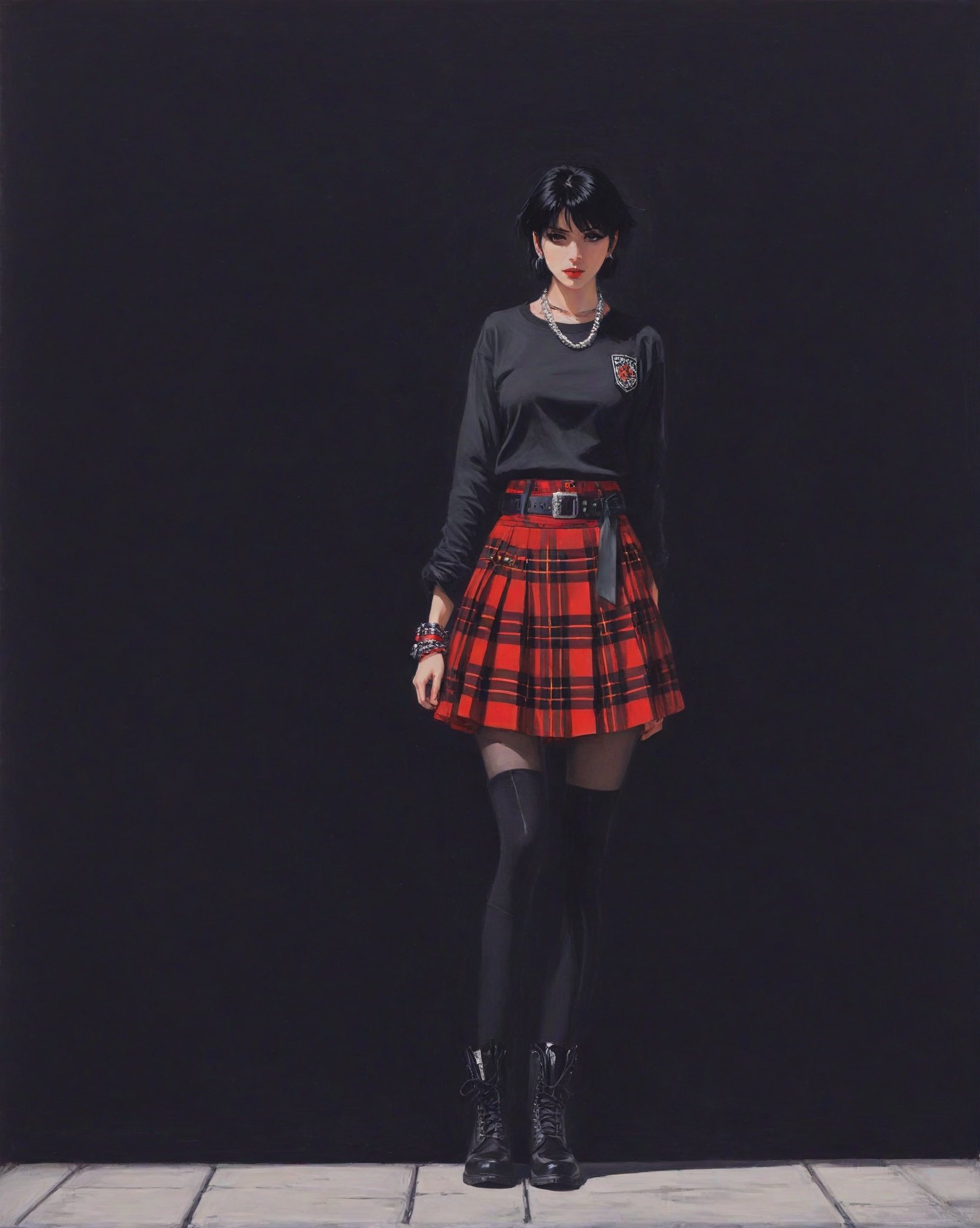 High resolution, full detailed, better image quality, Believe me a beautiful goth girl, who has black hair with Half-sided bangs painted dark red, with a short t-shirt, with a black and red plaid skirt, with black boots, with a punk style bracelet, and the punk style belt, full body, on a foggy night street, BREAK, Art style by Yoshiaki Kawajiri and Tsukasa Hojo and Toshihiro Kawamoto - -intricately detailed face - -80s and 90s anime still - -1980s retro anime - -1980s and 1990s anime retro nostalgia -highly detailed profile BREAK, ARISTYLE4, Soft Pastel -depth of field, Cinematic Angles, Dynamic angles, (((masterpiece))), perfect face, ((full body shot)),,,,, || in the style of Izumi Kogahara and Stuart Weitzman ||, Saturated colors, tonal transitions, traces of a wide dry brush, oil paint, high-energy, detailed, iconic, minimalistic, concept art, intricate detail, calligraphic lines. World character design, high-energy, detailed, minimalistic, concept art, in style of Jason Brooks, Soleil Ignacio, Megan Hess, Kerrie Hess, more detail XL, aw0k euphoric style, vintage_p_style, Masterpiece, Fashion Illustration, style,retro ink, glide_fashion, monkren, aw0k euphoric style, PoP art,aesthetic portrait, more detail XL,oil painting,vapor_graphic,Replay1988