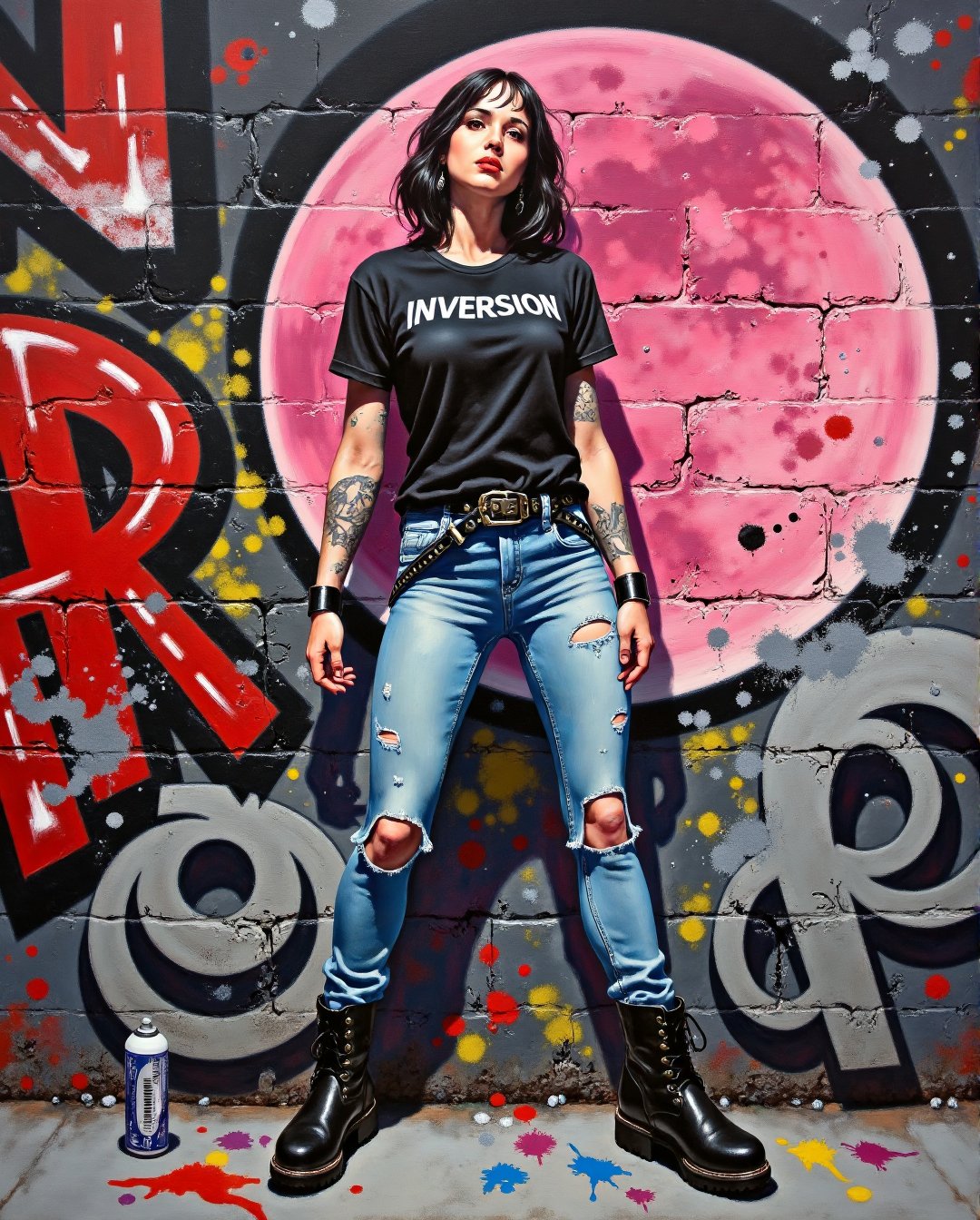 RetroSci style. A vibrant, highly detailed, and dramatic painting. 

photorealistic, woman with black rock t-shirt with (the text \"INVERSION\":1.3), bleached jeans and black biker boots. On the concrete wall behind the woman in graffiti art deco sprayed with spray cans, it is in red, black and white colors. Multicolor paint splatters on the ground, pink side of the moon