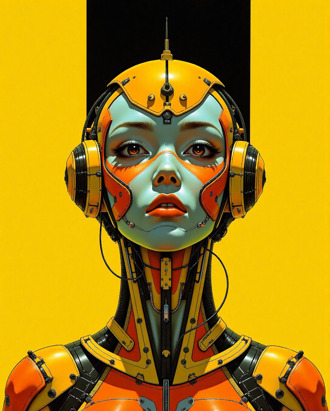 RetroSci style. A vibrant, highly detailed, and dramatic painting. 

Art style by Noriyoshi Ohrai, Art style by Moebius Jean Giraud, (masterpiece, 4k ,ultra detailed,raw photo:1.2),illustration,(1woman:1),(simple background:black and yellow background1.4),(symmetry:1.2),(art deco:1.4),(retro-futuristic:1.4),(minimalism:1.4),(clean:1.4),(flat_color:1.4),(cyberpunk,android:1.4),CCDDA Artstyle