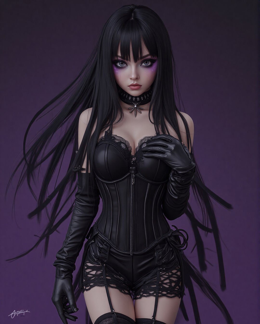 (Dark Fantasy:1), (80s Style), (Sci-Fi), (Noise Effect:1.3), (VHS Grain Effect:1.2) Gothic Lolita Rebel An anime girl with long, straight black hair, wearing a black lace dress with a corset, thigh-high stockings, and combat boots. She has a spiked choker around her neck and dark eye makeup, striking a fierce pose with one hand on her hip and the other adjusting her lace gloves. The background is a dark purple gradient.