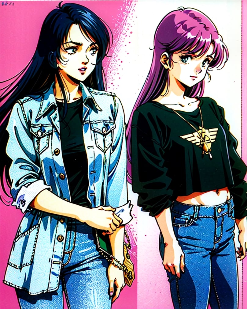 ((Art style by haruhiko mikimoto)), 1female, beautiful detailed eyes, sexy punk girl detailed makeup, tight blue jeans, cropped blue denim jacket, cropped black t-shirt, dark lips, kairi sane hairstyle, full body shot, black eyeshadows,kairisane,Megan fox. masterpiece, best quality, very aesthetic, absurdres traditional media
retro artstyle
1980s style