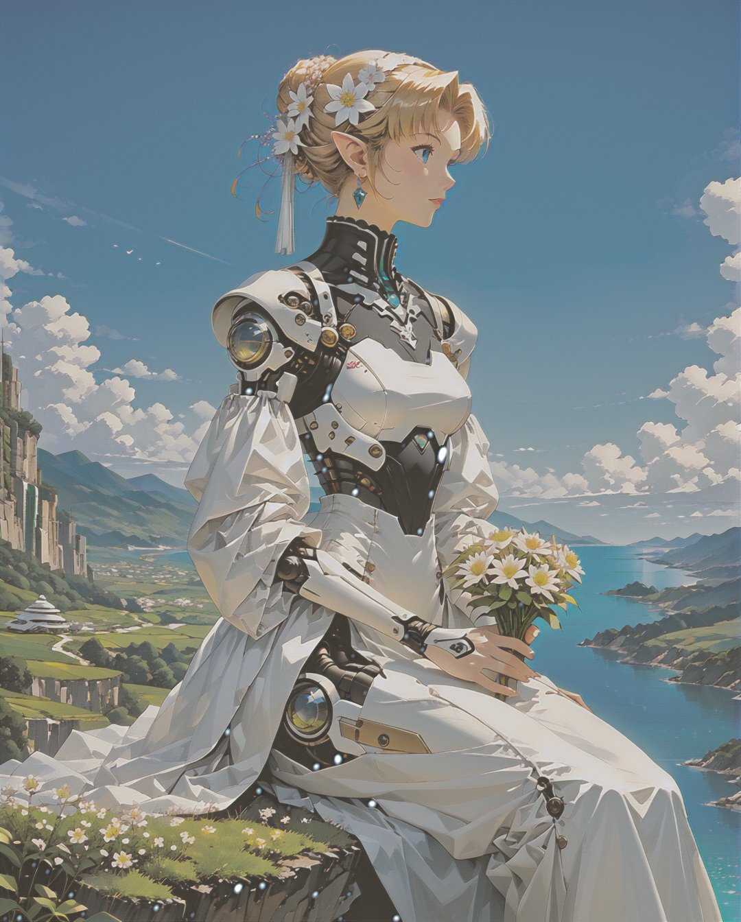 Art style by Noriyoshi Ohrai, Art style by Moebius Jean Giraud, A painting of an android elven being, roboT, pointy ears, holding a beautiful flower, sitting on a cliff with a spaceship in the background by Moebius Jean Giraud