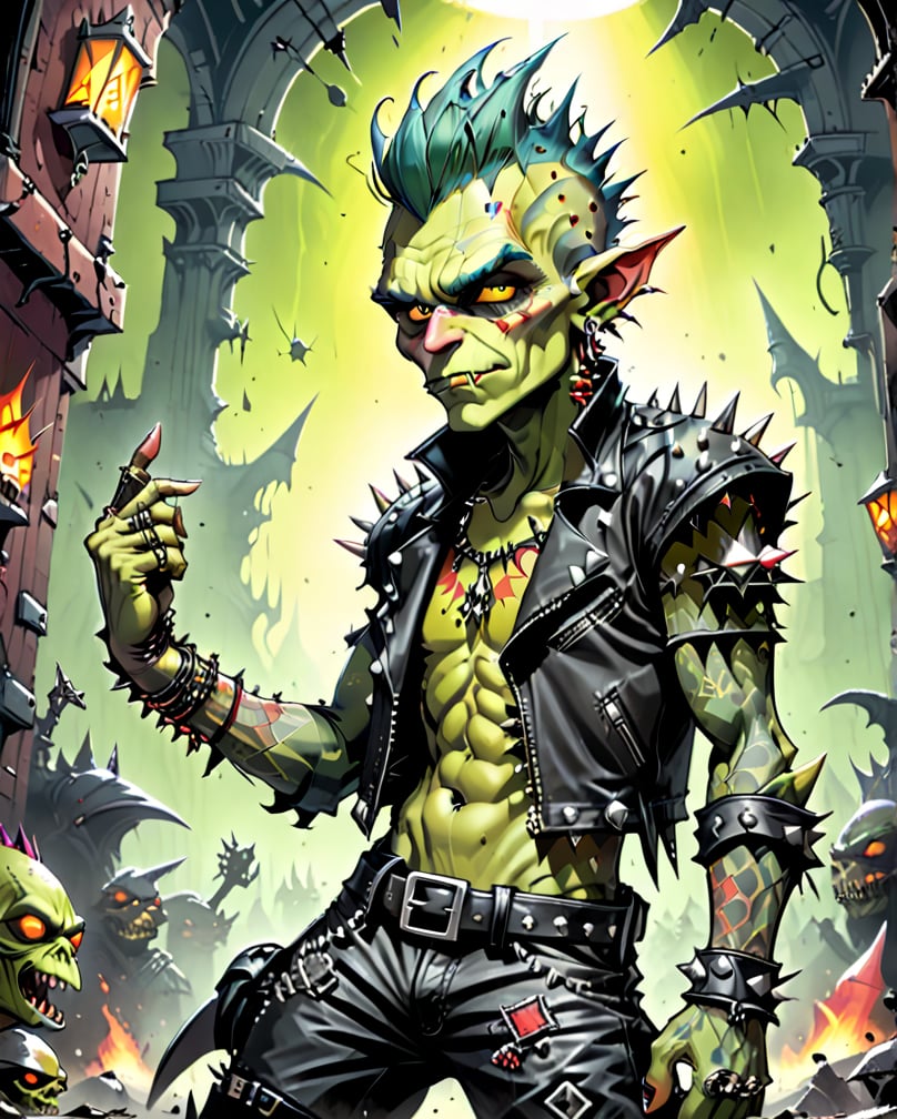 A rebellious goblin clad in edgy punk rock clothing, showcasing intricate details in spiked studs and tattered leather. The character is depicted in a poster design created in the vibrant and imaginative art style of Moebius. The image radiates with raw energy, from the goblin's wild, colorful hair to the intricate tattoos covering their arms. Each element is brought to life with precision and skill, immersing the viewer in a world of rebellious creativity and attitude. This high-quality artwork captures the essence of punk rock in a visually striking and engaging way.