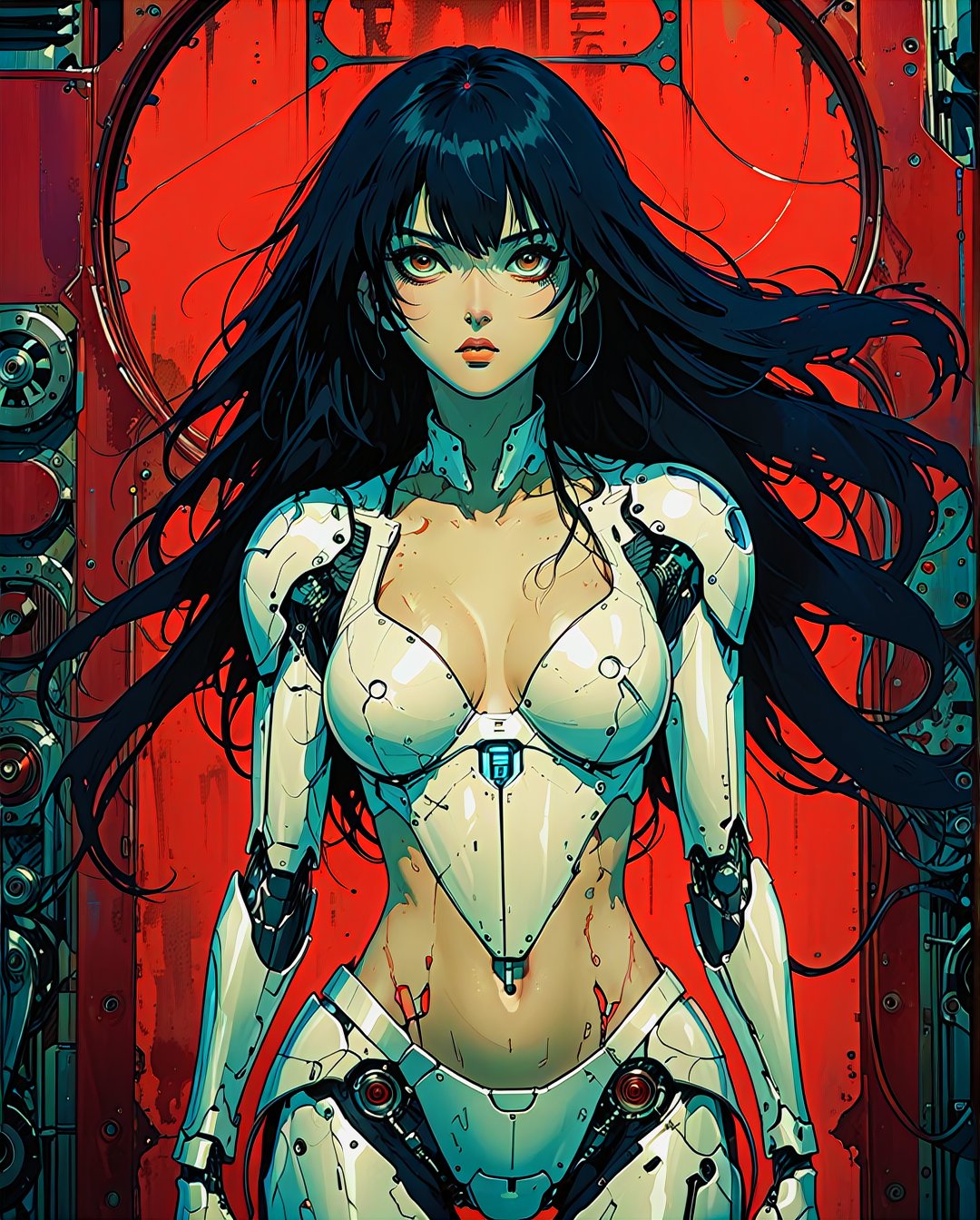 fluorescent horizon, The image depicts a female cyborg or android figure in futuristic, armored attire. She has long, flowing black hair and is set against a red background. Her appearance is sleek and metallic, with various mechanical and robotic components integrated into her body and limbs. The overall aesthetic conveys a sense of power, strength, and perhaps a fusion of organic and synthetic elements. Art by Fabian Perez, Henry Asensio, Jeremy Mann, Mark Simonetti, Studio Ghibli Genshin Impact