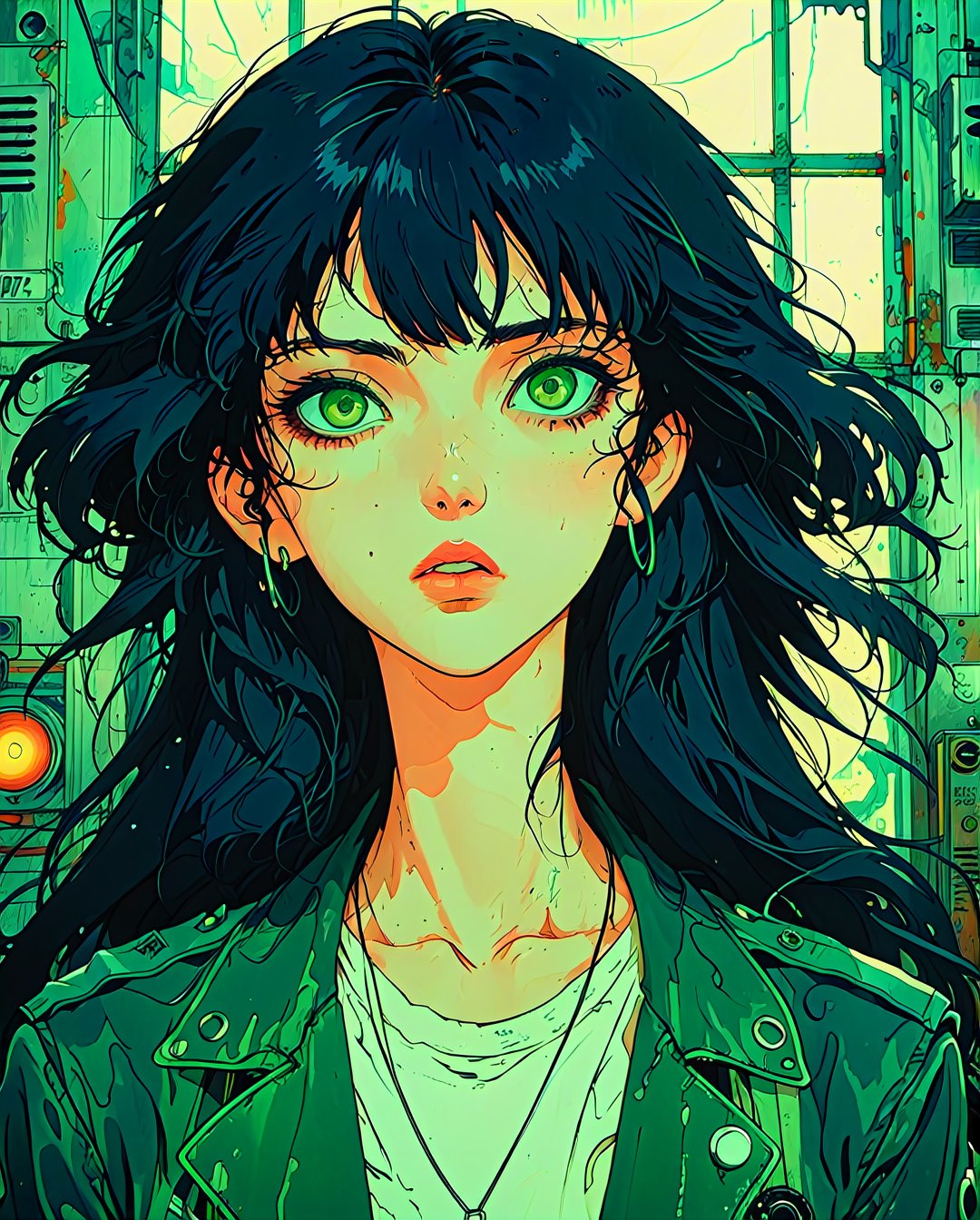 80s anime style, flat colors, key visual, vibrant, studio anime, highly detailed

1990s (style), 1980s (style), retro artstyle, a girl, long black hair, green eyes, wavy hair, biker clothes,  cyberpunk, 2077, best quality, masterpiece.