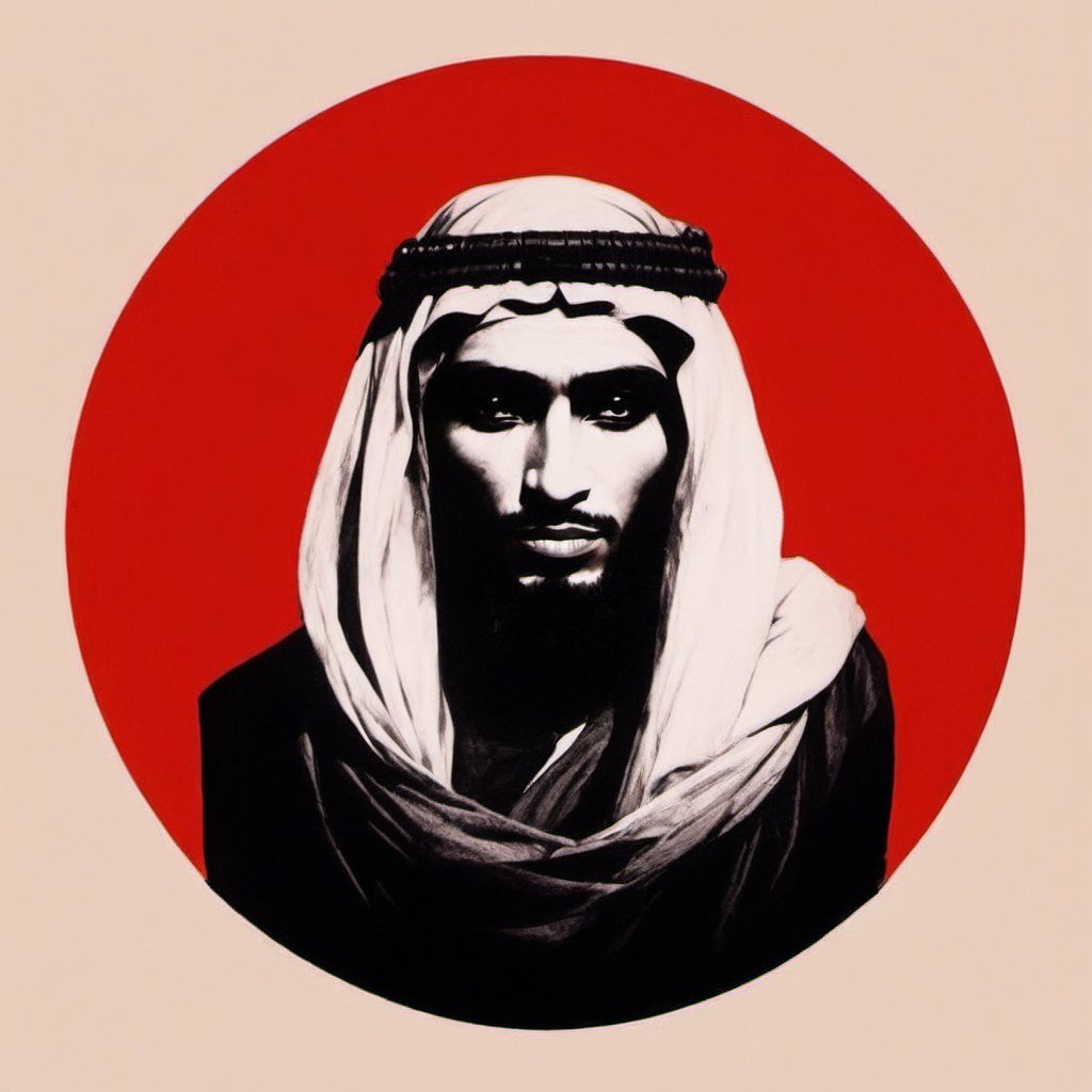 Logo Design, Headshot of a Saudi Arabian Bedouin, Duotone, Red and Black Only 