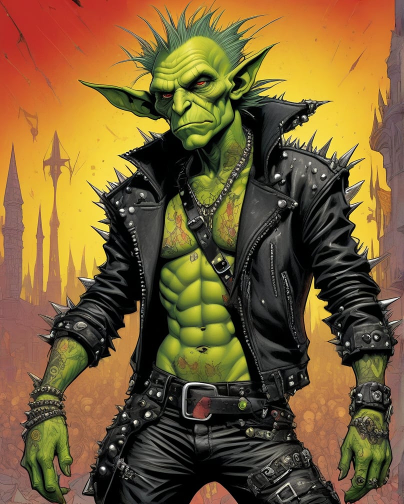 A rebellious goblin clad in edgy punk rock clothing, showcasing intricate details in spiked studs and tattered leather. The character is depicted in a poster design created in the vibrant and imaginative art style of Moebius. The image radiates with raw energy, from the goblin's wild, colorful hair to the intricate tattoos covering their arms. Each element is brought to life with precision and skill, immersing the viewer in a world of rebellious creativity and attitude. This high-quality artwork captures the essence of punk rock in a visually striking and engaging way.