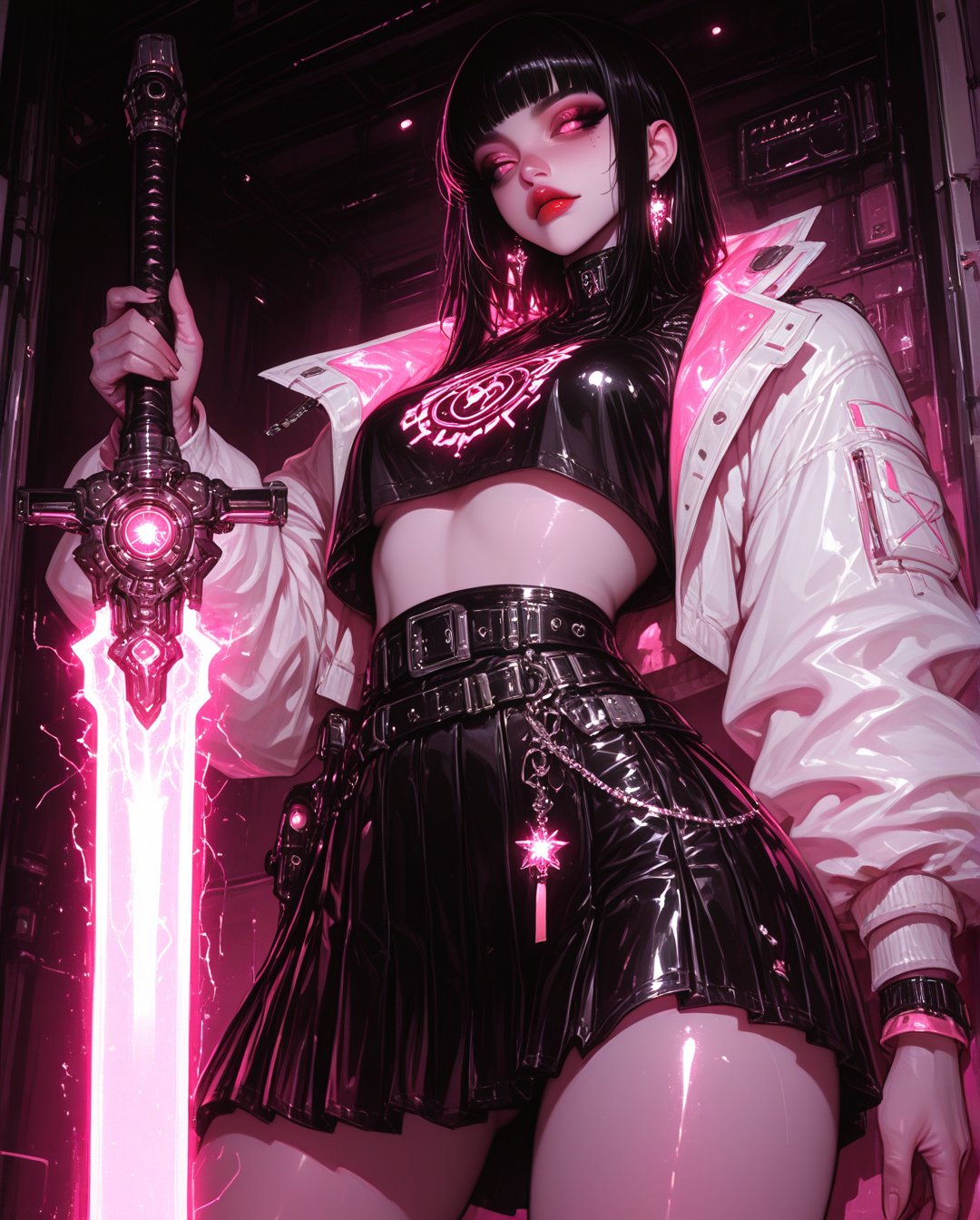 A striking young woman stands confidently against a vivid pink backdrop,  her long,  straight jet-black hair with bangs fr...