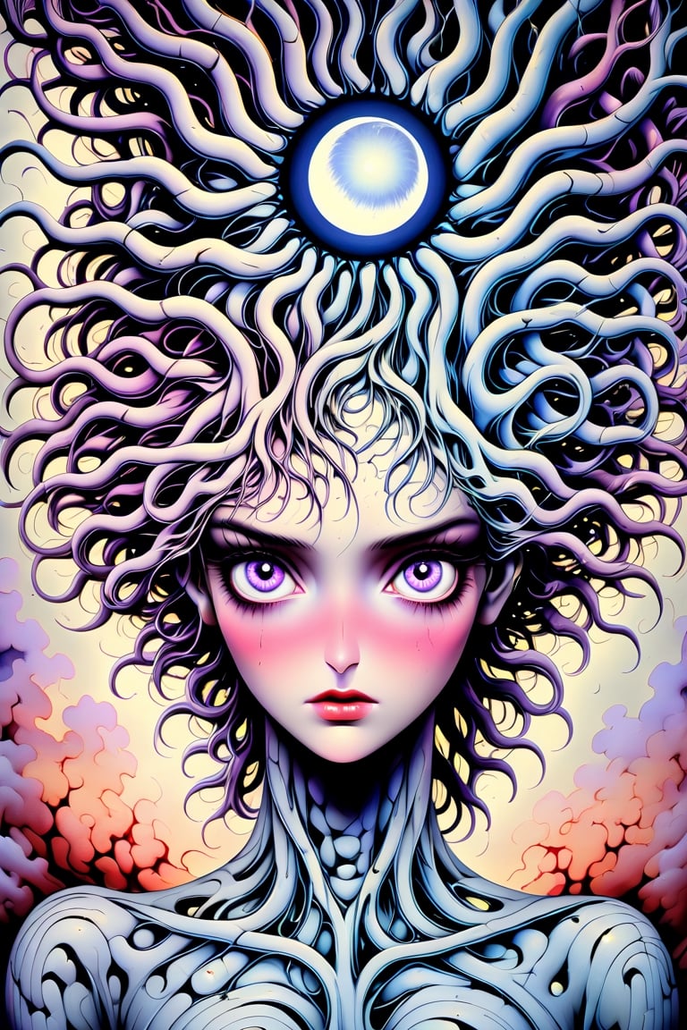 breathtaking oil painting, A surreal, hyper-realistic digital illustration that emulates the style of oil painting, seamlessly blending the aesthetics of Alex Gray's psychedelic visionary art and HR Giger's biomechanical themes. The central focus of the painting is a massive, intricate network of intertwining neurons, representing the unified theory of human consciousness and the complex web of connections that define our individual identities. The network extends outward, forming the shape of a giant eye, as if to suggest that our perception of reality is a product of the neural processes within our brains. Surrounding the eye are other organic and mechanical elements, such as tendrils, tentacles, and abstract forms, all interconnected and intertwined, creating a sense of a collective unconsciousness and a shared psychedelic experience. The color palette is rich and vibrant, with deep blues, purples, and reds dominating, giving the image a dreamlike, psychedelic quality. Shadows and highlights are expertly rendered, lending an air of three-dimensionality and hyper-realism to the digital illustration. The overall effect is both awe-inspiring and unsettling, inviting the viewer to contemplate the mysteries of the human mind and the limitless potential of our collective consciousness., photorealistic oil painting, by charlie bowater, fine details, by wlop, trending on artstation, very detailed, natural beauty