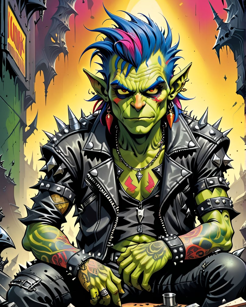 A rebellious goblin clad in edgy punk rock clothing, showcasing intricate details in spiked studs and tattered leather. The character is depicted in a poster design created in the vibrant and imaginative art style of Moebius. The image radiates with raw energy, from the goblin's wild, colorful hair to the intricate tattoos covering their arms. Each element is brought to life with precision and skill, immersing the viewer in a world of rebellious creativity and attitude. This high-quality artwork captures the essence of punk rock in a visually striking and engaging way.