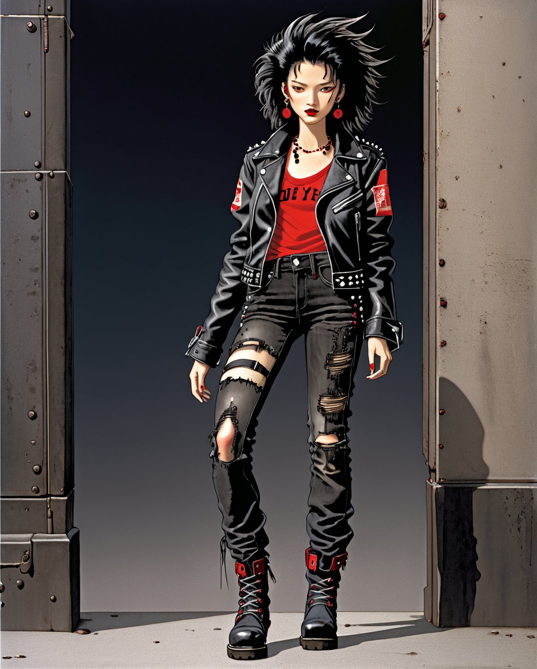 Art style by amano yoshitaka, Female with tan-colored skin, mid-length black hair with red tips, dressed in black ripped jeans with a black t-shirt and a black leather jacket with chrome studs', and black boots,dal-1