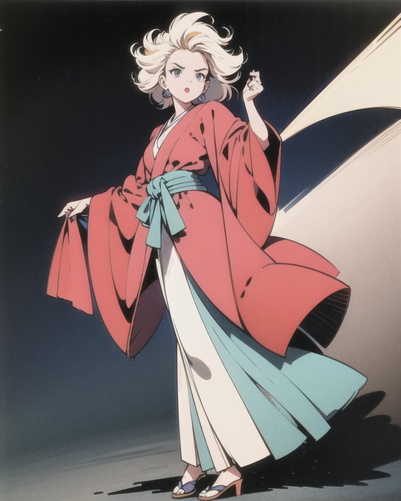 vintage sticker of a full body portrait of a woman in the Japanese retro anime style of the 80s and 90s. The scene features a top model with wild hair, exuding confidence and allure. She stands in a dynamic pose that highlights her form and curves, set against a soft pink and yellow palette. The lighting reflections and shadows add depth and intensity to the scene. Her gaze is evocative and intense, aware of her own beauty and playing it up for the photoshoot. She is dressed in stylish, minimalist clothing that accentuates her form, with bold lipstick and eyeliner highlighting her sharp facial features. The background is minimalist, ensuring all attention is on her captivating presence. Emphasize her confident pose, wild hair, and the dramatic interplay of light and shadow, creating a nostalgic yet striking visual in the retro anime style.