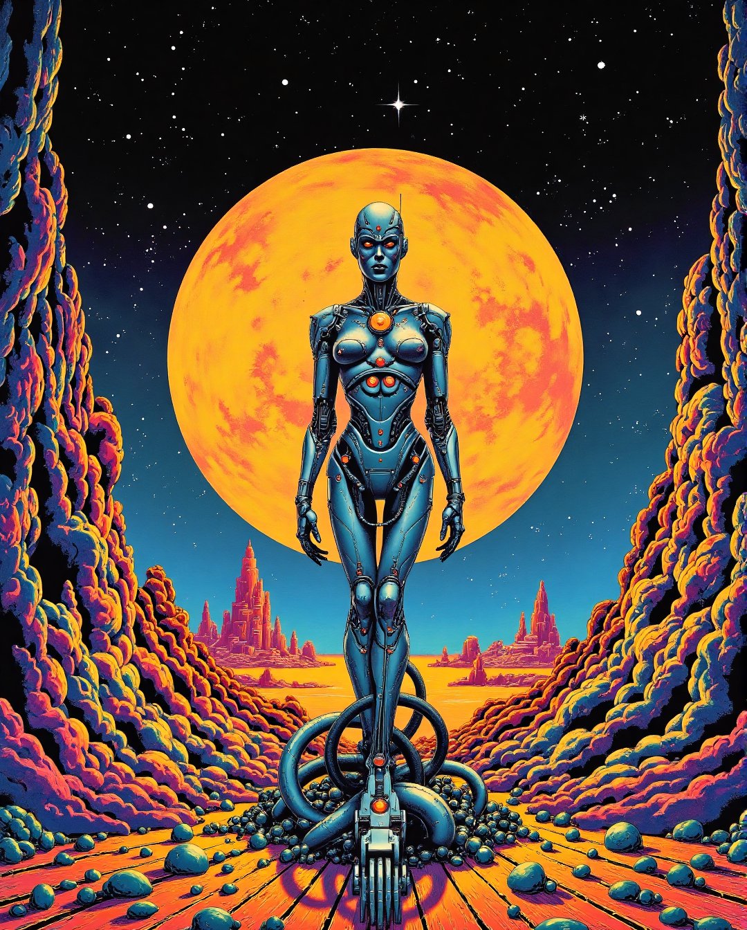 RetroSci style. A vibrant, highly detailed, and dramatic painting. 

Art style by Noriyoshi Ohrai, Art style by Moebius Jean Giraud, (masterpiece, 4k ,ultra detailed,raw photo:1.2),illustration,(symmetry:1.2),(art deco:1.4),(retro-futuristic:1.4),(minimalism:1.4),(clean:1.4),(flat_color:1.4),(cyberpunk,android:1.4),CCDDA Artstyle

Art style by Noriyoshi Ohrai, Art style by Moebius Jean Giraud, There&#39;A mechanical doll stands in front of a planet painting, futuristic city background, psychological artwork, interconnected human life forms, Panorama of mechanical female doll, progressive rock album cover, endless dreams, stardust, galaxy, stoner rock--ar 16:9-5 p.m.&#39;bell.1