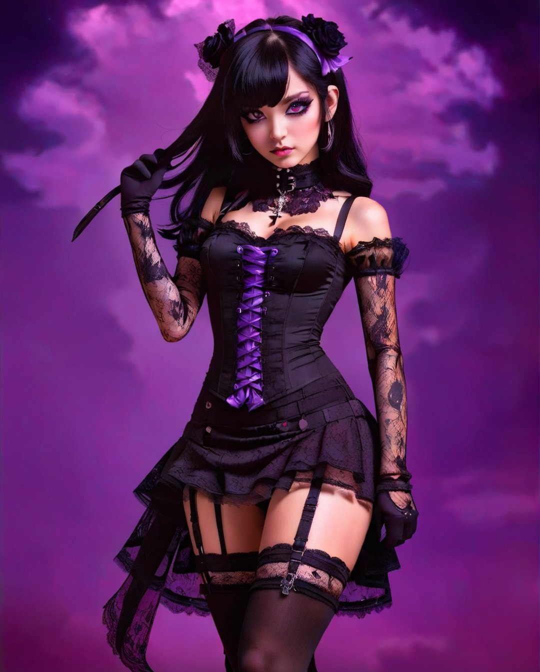 Gothic Lolita Rebel
An anime girl with long, straight black hair, wearing a black lace dress with a corset, thigh-high stockings, and combat boots. She has a spiked choker around her neck and dark eye makeup, striking a fierce pose with one hand on her hip and the other adjusting her lace gloves. The background is a dark purple gradient. by Dave McKean. Resolution: 4k.,sooyaaa,aw0k euphoric style