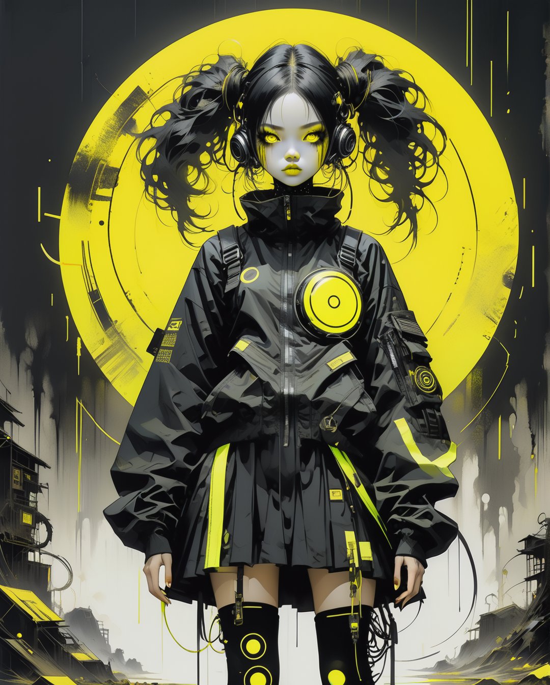 One girl in black and yellow techwear clothes, Circle neon on background,full body, (masterpiece), (High resolution), (super delicate), scribble, nightmare, doll-like face, cartoon style, rough sketch, Horror elements, Comic style illustration, Japanese painting, (Creepy), Japanese carving, crazy illustration, antique, dark atmosphere, flat illustration,Creepy appearance, Distinctive messy hairstyle, creative accessories, unique atmosphere