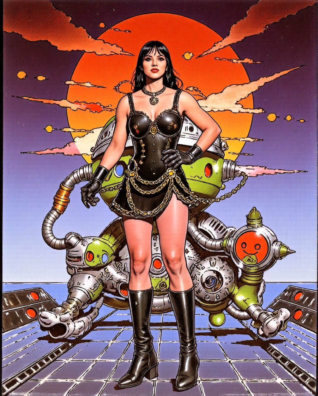 RetroSci style. A vibrant, highly detailed, and dramatic painting. 

Art style by Noriyoshi Ohrai, Art style by Moebius Jean Giraud, (masterpiece, 4k ,ultra detailed,raw photo:1.2),illustration,(symmetry:1.2),(art deco:1.4),(retro-futuristic:1.4),(minimalism:1.4),(clean:1.4),(flat_color:1.4),(cyberpunk,android:1.4),CCDDA Artstyle

Moebius (Jean Giraud) Style - A spectacular composition by Jean Giraud Moebius, ((masterpiece)), ((best quality)), (highest quality masterpiece), (masterpiece), (masterpiece, best quality),  (80s Style), (Sci-Fi), (Noise Effect:1.3), (VHS Grain Effect:1.2) ,  Gothic Lolita Rebel
An anime girl with long, straight black hair, wearing a black lace dress with a corset, thigh-high stockings, and combat boots. She has a spiked choker around her neck and dark eye makeup, striking a fierce pose with one hand on her hip and the other adjusting her lace gloves. The background is a dark purple gradient.