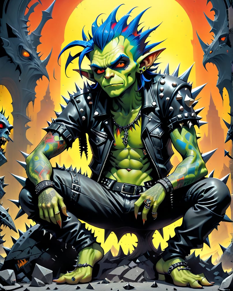 A rebellious goblin clad in edgy punk rock clothing, showcasing intricate details in spiked studs and tattered leather. The character is depicted in a poster design created in the vibrant and imaginative art style of Moebius. The image radiates with raw energy, from the goblin's wild, colorful hair to the intricate tattoos covering their arms. Each element is brought to life with precision and skill, immersing the viewer in a world of rebellious creativity and attitude. This high-quality artwork captures the essence of punk rock in a visually striking and engaging way.