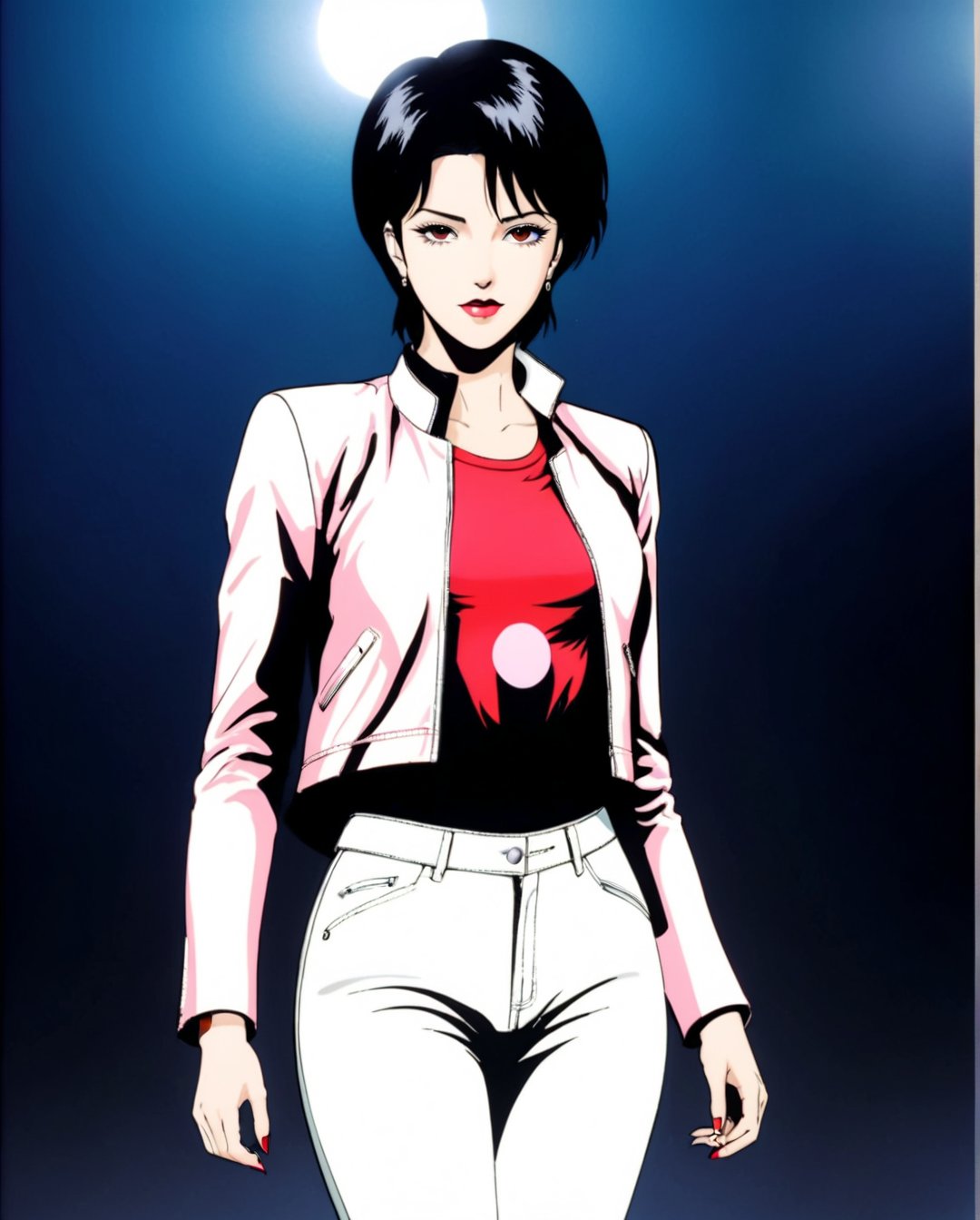 ((masterpiece)), ((best quality)), (masterpiece, highest quality), (masterpiece), Flat-colored still of (((masterpiece))), (((highest quality))), ((Very detailed)), masutepiece, Best Quality, Gorgeous female reporter wearing white leather pants, a soft pink t-shirt, and a white leather jacket. She had light brown skin, boyish short black hair, hazel eyes, big plump red lips, depth of field, art style by Yoshiaki Kawajiri.