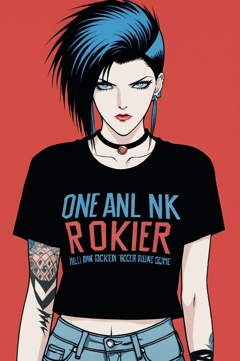 one Female Punk Rocker named Jill, pale skin color, Bold haircut, Black hair, piercing blue eyes, with Black faded Faded Red T-shirt, wearing Ripped Black Jeans