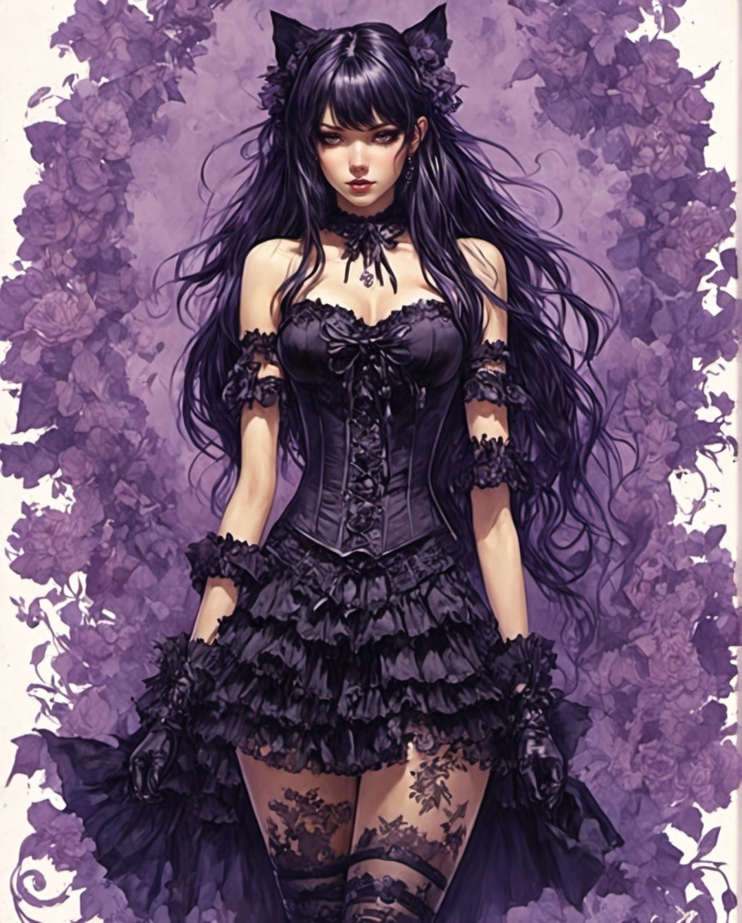 (by Loish, Leyendecker, james gilleard),  Gothic Lolita Rebel
An anime girl with long, straight black hair, wearing a black lace dress with a corset, thigh-high stockings, and combat boots. She has a spiked choker around her neck and dark eye makeup, striking a fierce pose with one hand on her hip and the other adjusting her lace gloves. The background is a dark purple gradient.