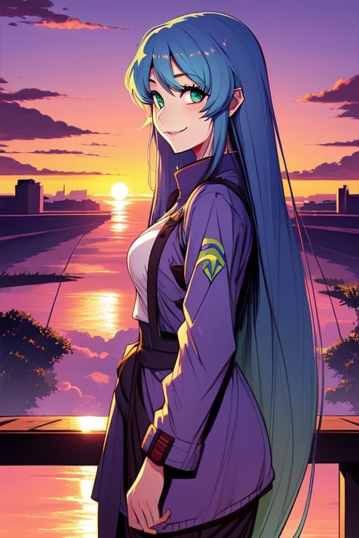 1girl, solo, long hair, looking at viewer, smile, green eyes, blue hair, purple hair, sky, cloud, sunset