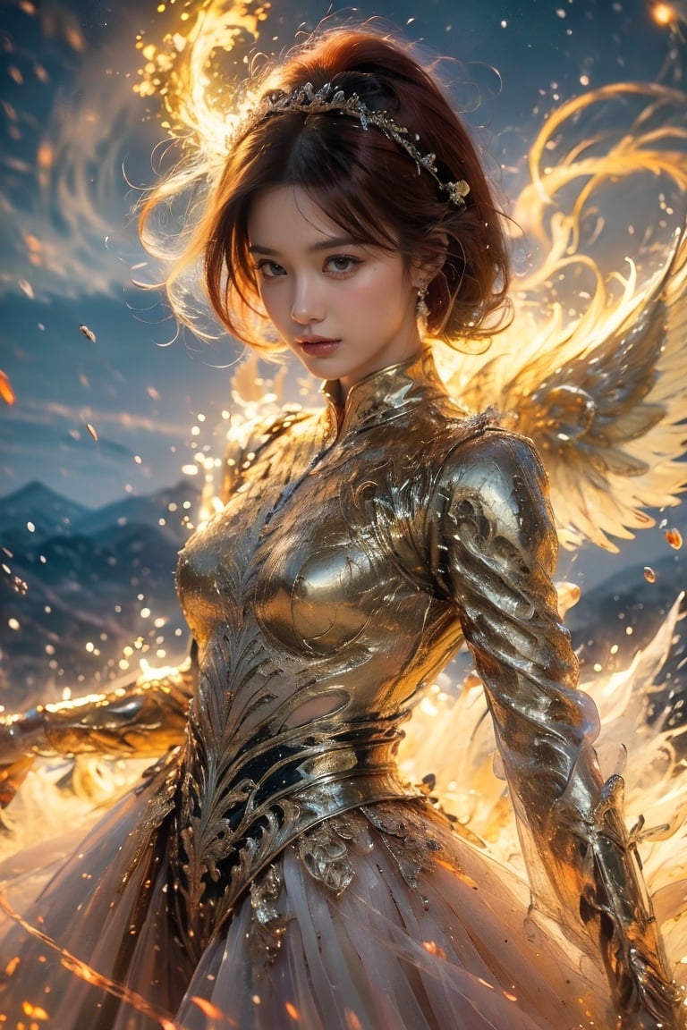 1girl, fiercely lunges towards her enemy, star in eye, blush, perfect illumination, caramel hair styled as short hair, bright red hair, wearing golden headband around the head, star jewel earing, red eyes,  dressed in outfit with outer golden chest armor, beautiful wings, spraying water droplets in all directions, Gorgeous, ethereal aura, ray tracing, sidelighting, detailed face, bangs, bright skin, dreamlike atmosphere, starry nebula background, Sharp glossy focus, equirectangular 360, Highres 8k, extreme detailed, aesthetic, masterpiece, best quality, rich texture, kinetic move effect, colorful,Movie Still,solo,r1ge,haifeisi,mygirl, looking_at_viewer 