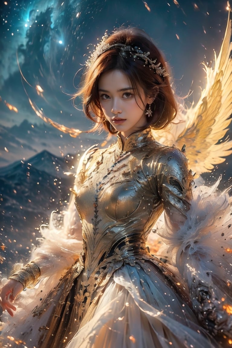 1girl, fiercely lunges towards her enemy, star in eye, blush, perfect illumination, caramel hair styled as short hair, bright red hair, wearing golden headband around the head, star jewel earing,  dressed in outfit with outer golden chest armor, beautiful wings, spraying water droplets in all directions, Gorgeous, ethereal aura, ray tracing, sidelighting, detailed face, bangs, bright skin, dreamlike atmosphere, starry nebula background, Sharp glossy focus, equirectangular 360, Highres 8k, extreme detailed, aesthetic, masterpiece, best quality, rich texture, kinetic move effect, colorful,Movie Still,solo,r1ge,haifeisi,mygirl