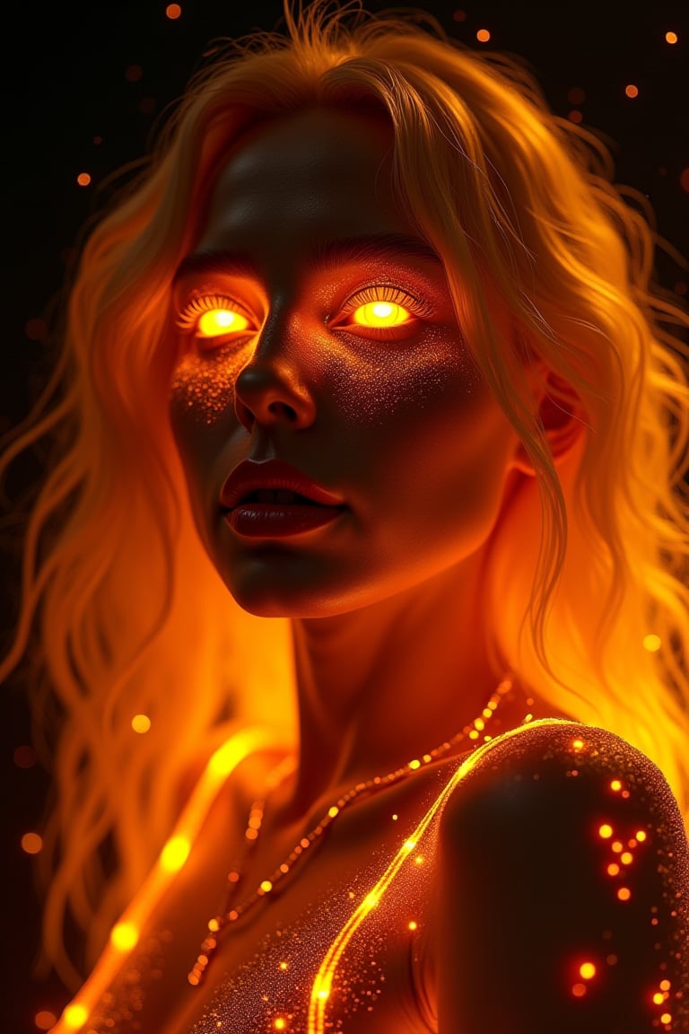 A woman with golden, sun-kissed hair flowing in soft waves, her radiant, neon orange eyes glowing with an ethereal light, her face illuminated by a deep orange and black color palette. Delicate, glowing particles dance around her, as intricate, neon tattoos shimmer with a fiery orange and yellow light across her skin. Her lips are slightly parted, inviting, as she stands against a deep, vibrant black background. The scene is adorned with subtle RTX bloom effects, with detailed, floating sunlight particles creating a mesmerizing contrast. The atmosphere is reminiscent of fantastical digital artwork, blending the surreal landscapes of Ash Thorp, Ian McQue, and Loish, evoking the high-resolution, otherworldly beauty of Unreal Engine 5, with a distinct, modern twist on retro-futurism.