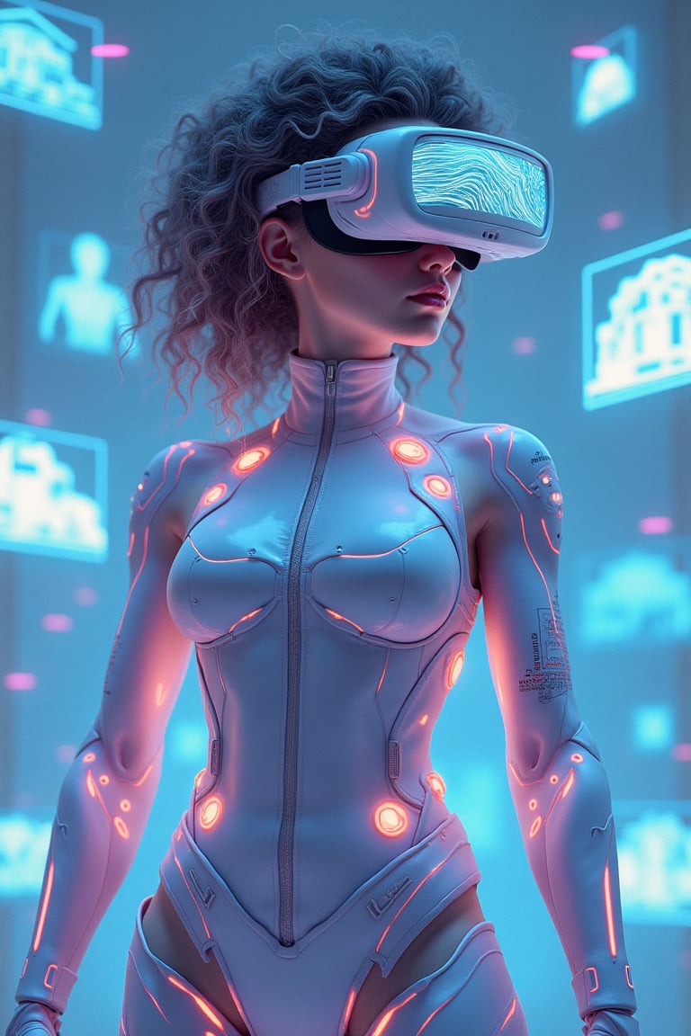 (masterpiece), best quality, expressive eyes, perfect face, 1 virtual reality architect girl, glowing neon pastels, fair skin with subtle bioluminescent patterns, curly and wavy hair with metallic streaks, wearing a futuristic, light-enhanced suit with integrated VR controls and glowing designs, standing in a room surrounded by floating holographic models of virtual landscapes, mechanical goggles with holographic lenses, bioluminescent tattoos on her arms glowing softly, holding a virtual reality headset that emits swirling data streams, surrounded by floating architectural blueprints and digital avatars.
