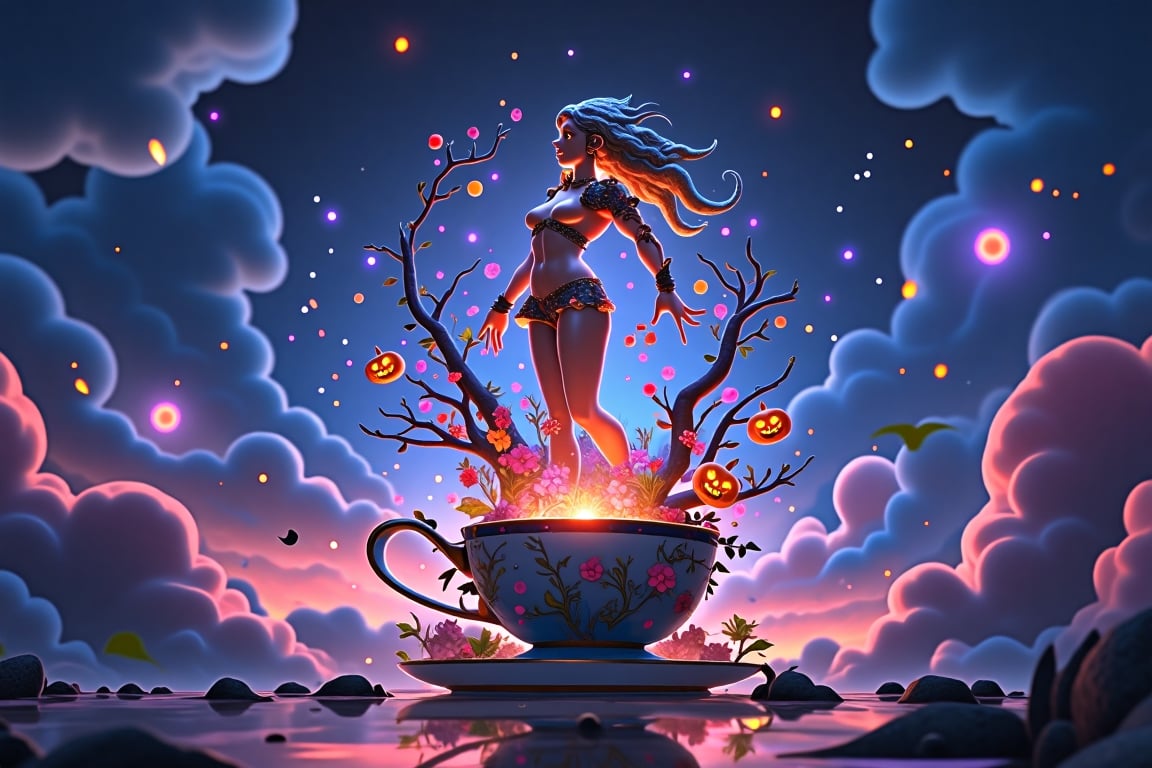 A beautiful, slim, and toned druid of nature with a voluptuous chest stands within a whimsical teacup environment. The teacup is set against a starry night sky of deep blues and purples, with miniature, magical landscapes unfolding inside. Glowing, heart-shaped flames and lush vines dance around her, highlighting her elegant figure adorned with nature’s elements. Her flowing hair blends with leaves and flowers, while her toned body is wrapped in a cosmic, nature-themed outfit. A glowing jack-o'-lantern sits on the saucer, casting a soft golden glow. The enchanted scene, filled with floating clouds, tiny planets, and stars, combines fantasy and surreal charm, rendered in vibrant colors and high-definition 8k resolution, inspired by fantasy art and Unreal Engine 5