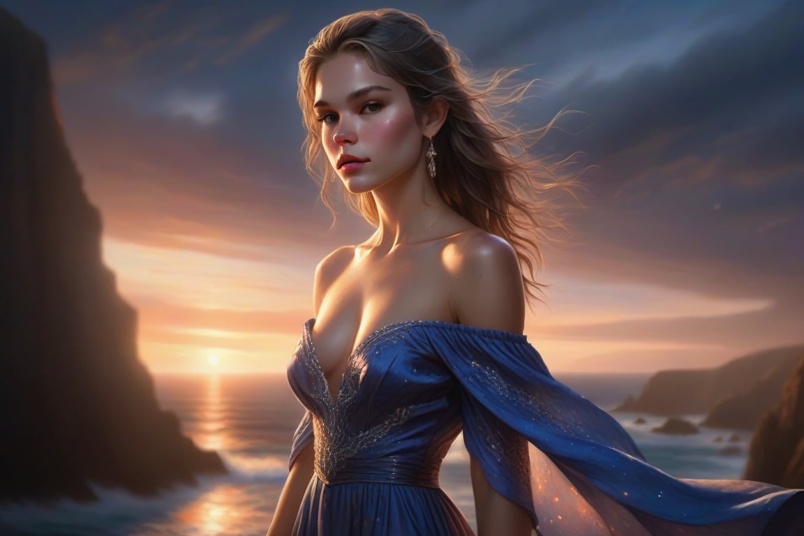 Create a realistic, UHD portrait of a girl in a cowboy shot style. She wears a silk off-shoulder, V-neck gown with flaring down parts. The background features coastal cliffs, dramatic skies, crashing waves, a rugged coastline, intense colors, and a powerful mood with sea spray and a twilight spectacle in a night scene. The girl is shown in the shadow with crystal light reflections illuminating her face, making her so beautiful that she can charm anyone.