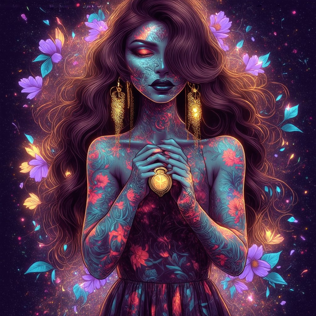 (Pop_Art), (vivid_background), (comic_elements), a gorgeous woman with flowing long brown curly hair wearing a one-piece dress with comic patterns on it, holding a vintage locket, ((shadowy_face)), closeup, [Pop_Art]+++, bright_colors, bold_lines, particles, falling_magic, RTX, bloom, jewelry, earrings, necklace, bracelet made from flowers and leaves, long_hair, pop_artwork, parted_lips, glowing_tattoos, backlight, dark_background, (comic_patterns), (Silhouette_art)++, musician’s dark silhouette, Silkscreen_printing, playful