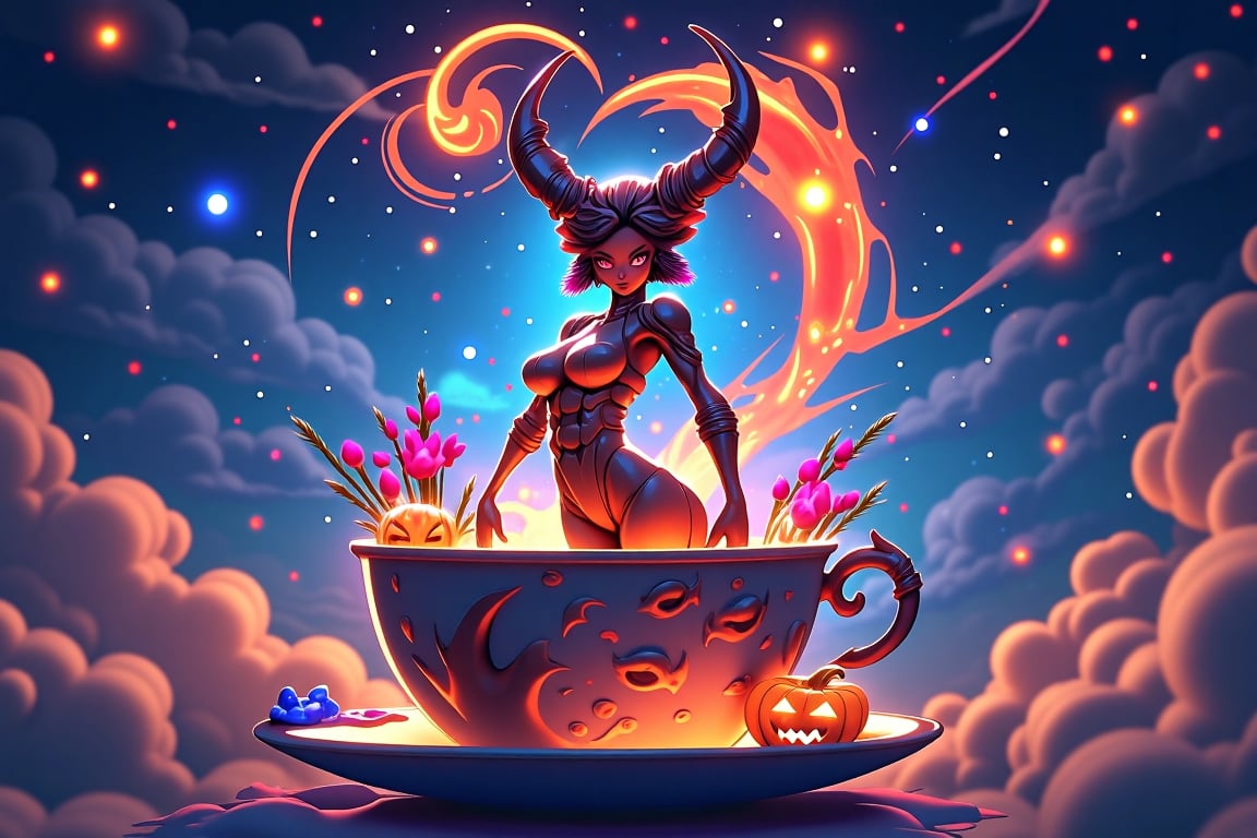 A beautiful, slim, and toned scorpion girl with a voluptuous chest stands within a whimsical teacup environment. The teacup is set against a starry night sky of deep blues and purples, with miniature cosmic landscapes unfolding inside. Glowing, heart-shaped flames dance around her, highlighting her sleek figure and armored exoskeleton, blending deep reds, oranges, and blues. She has sharp features, captivating eyes, and long, elegant pincers, with a toned, graceful body adorned in a form-fitting, cosmic-themed outfit. A glowing jack-o'-lantern sits on the saucer, casting a soft golden glow. The magical scene, filled with floating clouds and stars, combines fantasy and surreal charm, rendered in vibrant colors and high-definition 8k resolution, inspired by fantasy art and Unreal Engine 5