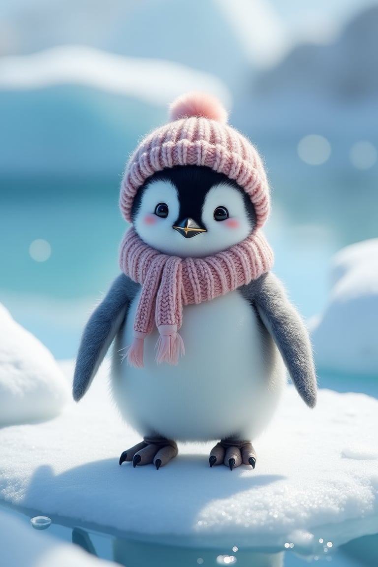 (photorealism:1.2), adorable baby penguin, waddling on an icy surface, wearing a tiny knitted hat, soft fluffy feathers and bright eyes, surrounded by snow and ice, cold but sunny day, cheerful and playful mood, happy smile with a tiny wave, wearing a tiny scarf, cool blues and whites, early morning, Polar Fantasy style, by Chris Sanders, detailed textures and soft light, mid-shot, icy cuteness, (best shadow), (realistic lighting), (Abyss).
