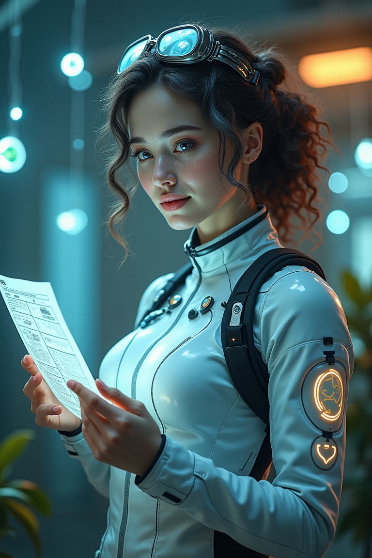 Masterpiece of Bio-Punk Medicine: A stunning portrait of a medic girl standing in a high-tech infirmary. Her expressive eyes shine with a soft glow as she examines a holographic patient chart through mechanical goggles with holographic lenses. Her flawless face is set off by curly, wavy hair with metallic streaks and fair skin featuring subtle bioluminescent patterns. A sleek medical suit hugs her curves, adorned with built-in diagnostic tools and glowing accents. In one hand, she holds a syringe filled with swirling, glowing liquid, while her other arm features bioluminescent tattoos that gently pulse as she works. The background is bathed in a warm glow from bioluminescent plants and floating medical symbols, with robotic assistant drones hovering nearby, creating an immersive bio-punk environment.