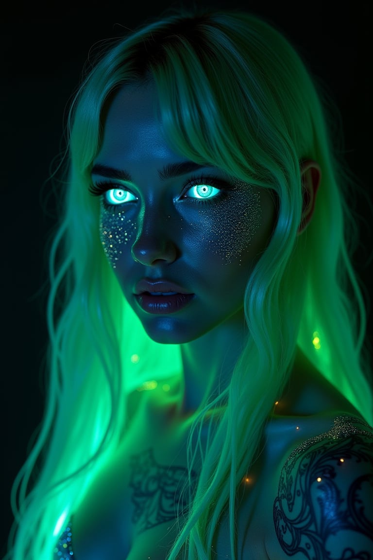 A woman with deep, emerald green hair cascading in sleek waves, her intense, neon blue eyes glowing with an otherworldly light. Her face is bathed in cool, teal-toned shadows, with glowing particles of green and blue light orbiting around her. Intricate, neon tattoos in shades of green and blue shimmer across her skin, casting a mystical glow. Her lips, slightly parted, reveal a soft, bluish tint, as she stands against a deep black background. The scene is enhanced with subtle RTX bloom effects, with floating light particles creating a striking contrast against the darkness. The overall atmosphere captures the essence of futuristic digital art, with influences from Ash Thorp, Ian McQue, and Loish, and a vivid, hyper-detailed environment reminiscent of the surreal, high-resolution aesthetics of Unreal Engine 5