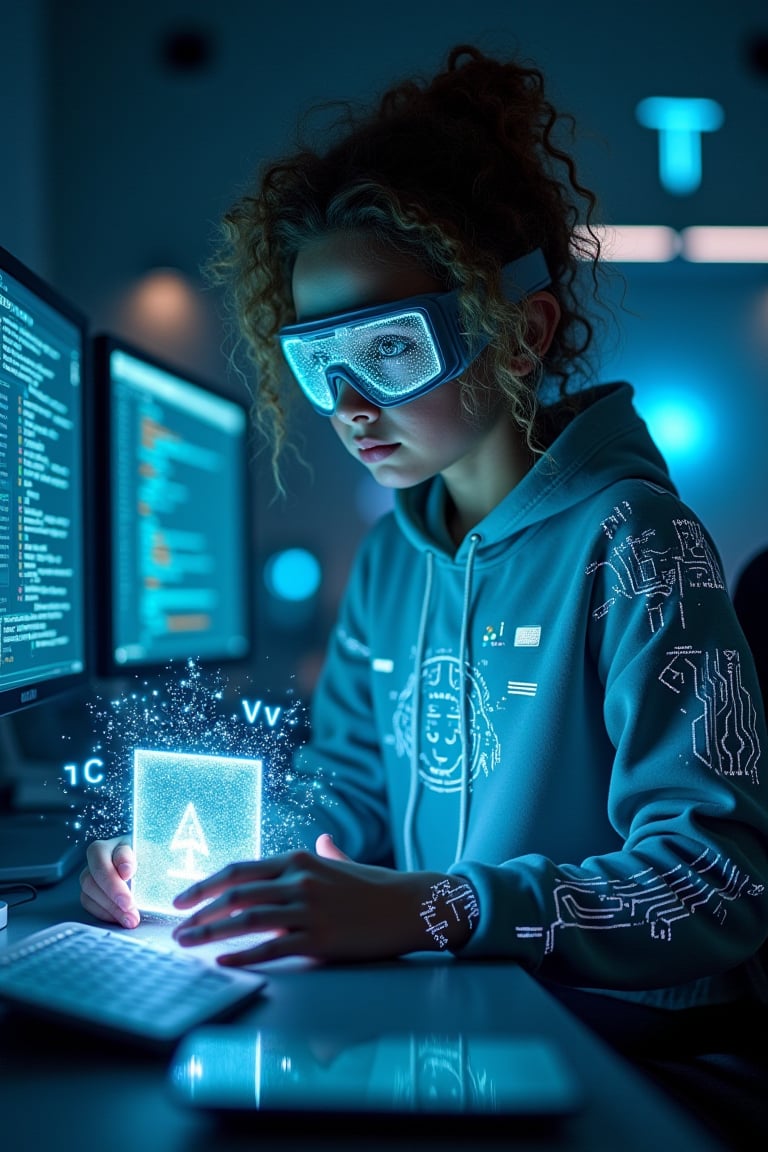 In a dimly lit, futuristic laboratory setting, a masterpiece of art and technology converges. A young AI programmer girl, radiating an aura of genius, sits confidently in front of multiple holographic screens ablaze with code and algorithms. Her fair skin glows with subtle bioluminescent patterns, complemented by curly and wavy hair featuring metallic streaks that shimmer like the silver and blue hues emanating from her very being. A sleek, fitted hoodie integrates AI circuits and glowing lines, as if the technology is a second skin. The programmer's expressive eyes gleam like stars, illuminated by the soft glow of mechanical goggles with holographic lenses. Her bioluminescent tattoos on her arms pulse rhythmically as she writes code, the symbols and virtual assistants surrounding her like an ethereal aura. In the center, she holds a glowing holographic AI chip, a beacon of innovation and creativity, as if channeling the very essence of digital dreams.