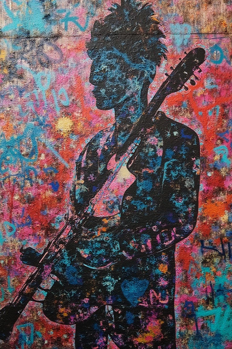 A mesmerizing combination of surrealism and realism, showcasing a graffiti-covered wall that incorporates the flowing lines of a musician's figure. The vibrant colors and bold contrasts highlight the artistic clash, while the intricate details capture the essence of musicality. The musician’s form blends with the abstract urban textures, surrounded by shapes and patterns that embody the pulse of the city’s artistic heartbeat.