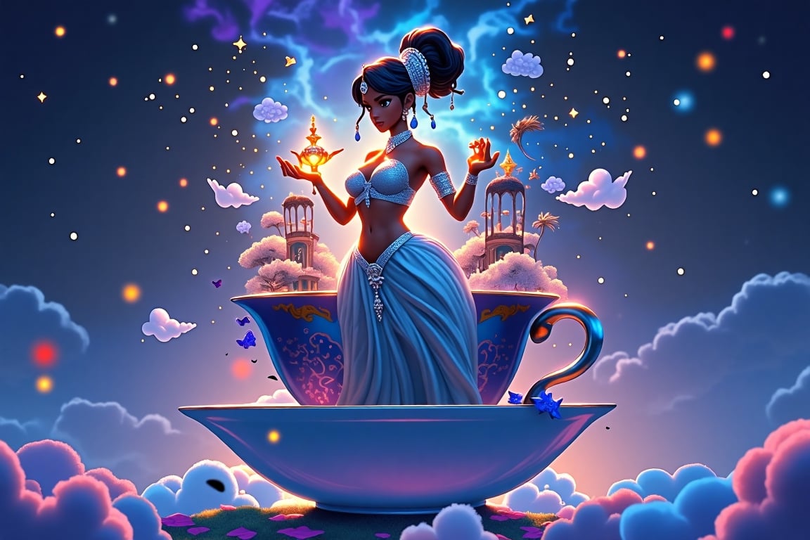 A beautiful, slim, and toned Princess of Arabia with a voluptuous chest stands within a whimsical teacup environment. The teacup is set against a starry night sky of deep blues and purples, with miniature magical landscapes unfolding inside. She wears bold, flowing blue attire adorned with intricate silver accents, highlighting her regal figure. Her graceful stance and jeweled accessories shimmer in the glowing light. In her hands, she holds a mystical genie lamp, which radiates a soft, golden glow. The enchanted scene, filled with floating clouds and tiny stars, blends fantasy and Arabian charm, rendered in vibrant colors and high-definition 8k resolution, inspired by fantasy art and Unreal Engine 5.