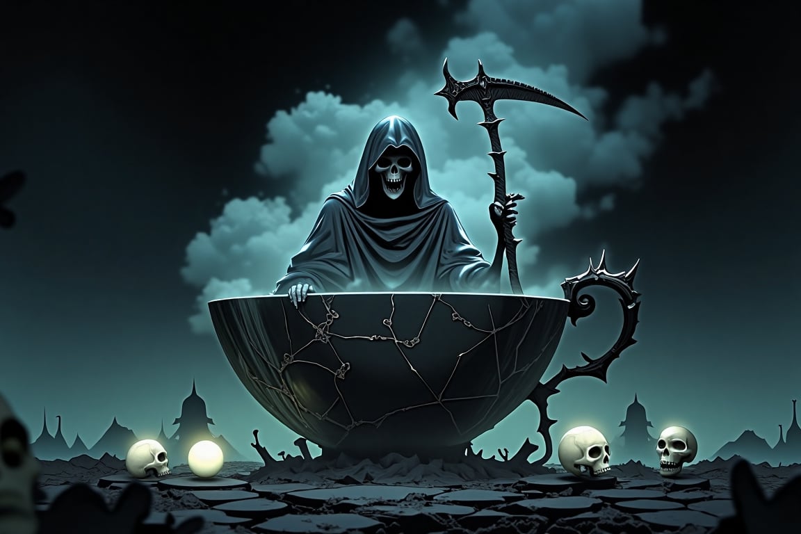 A grim reaper sits ominously within a large, mystical teacup. The scene is dark and eerie, with swirling shadows and mist surrounding the cup, set against a pitch-black sky. The reaper is draped in a tattered black cloak, holding a gleaming scythe. Skulls and faintly glowing orbs float around, casting a haunting glow. The teacup, cracked and ancient, rests on barren, desolate ground, adding to the macabre atmosphere. The entire scene radiates an aura of death and mystery, rendered in dark, moody colors with a high-definition, fantasy-horror vibe